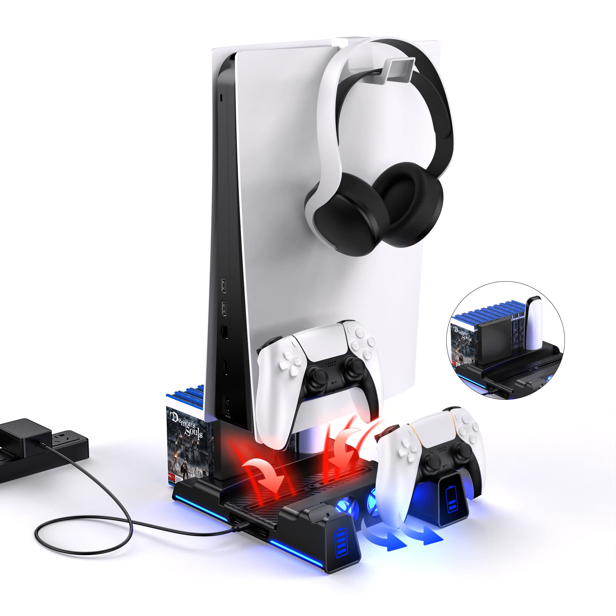 NexiGo PS5 Stand with RGB LED Lights, Hard Drive Slot, Headset & Remote Holders, Dual Controller Charging Station for Playstation 5 Console - 10 Game Storage Slots, Black - Perfect Gaming Setup for PS5 Accessories Organization & Display