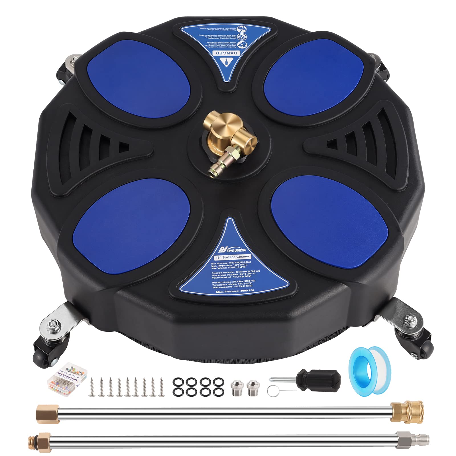 16 Inch Heavy Duty Pressure Washer Surface Cleaner with 4 Wheels - Power Washer Attachment Kit Includes 2 Extension Wands & 2 Replacement Nozzles - 4000 PSI for Deep Cleaning Driveways, Sidewalks, Patios & Concrete Surfaces - Perfect for Home, Garage & Commercial Use