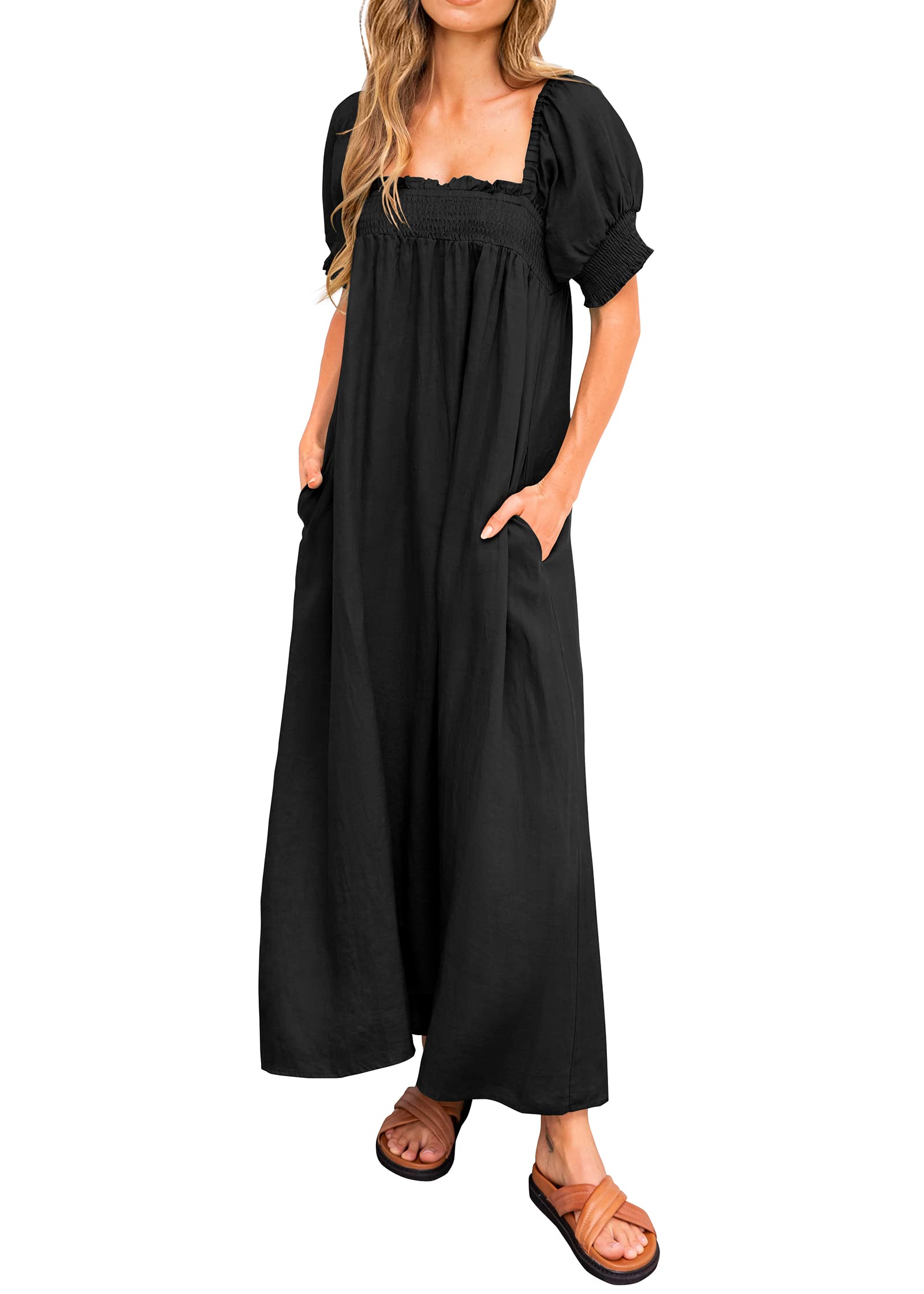 KIRUNDO Women's 2025 Summer Maxi Dress - Casual Loose Puff Sleeve Square Neck Maternity Beach Dress with Pockets | Flowy Long Dress for Pregnancy, Vacation, and Outdoor Activities