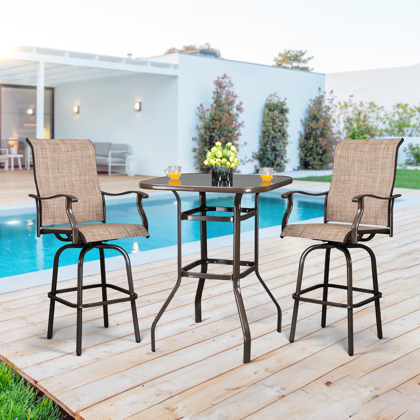 VINGLI Upgraded 3-Piece Swivel Outdoor Bar Set - 2 Swivel Bar Stools & High Top Table for Patio, Garden, Yard, Deck - Weather-Resistant Brown Bistro Set for Outdoor Dining & Relaxation