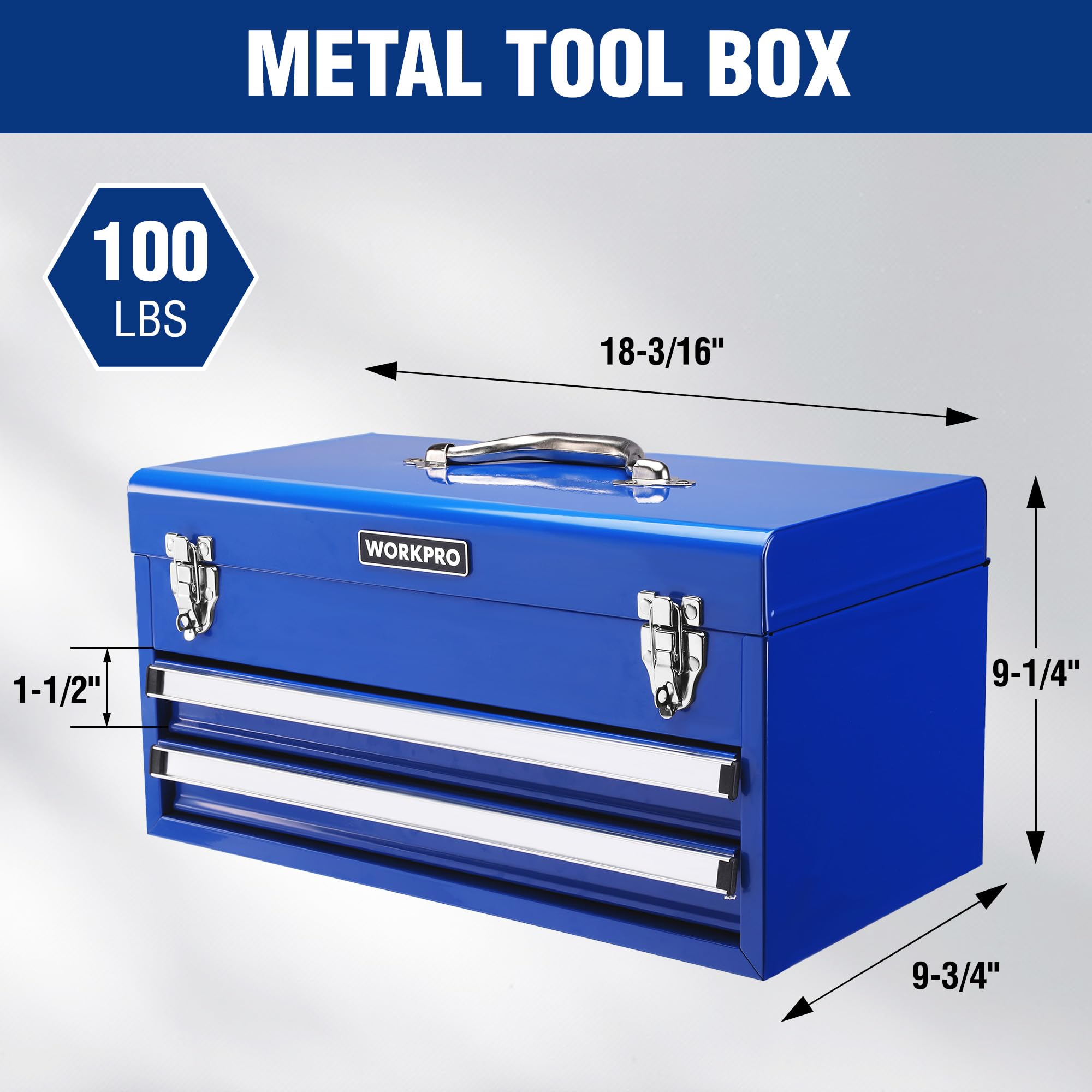 WORKPRO 18 Inch Heavy Duty Metal Tool Box with 2 Drawers & Top Storage - 100 LBS Capacity, Portable Tool Chest with Secure Latch & Non-Slip Liner for Garage, Workshop, Office & Home Organization - Perfect for DIY Projects, Car Repair & Tool Storage