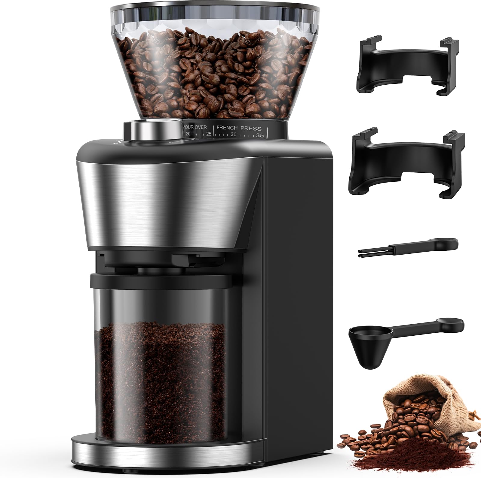 COWSAR Conical Burr Coffee Grinder - 35 Precise Grind Settings for Espresso, Drip & French Press | Anti-Static Design with Double Portafilter Holders | One-Touch Operation & Easy Cleaning | Perfect for Home Baristas & Coffee Enthusiasts | Ideal for Morning Brews, Office Use & Entertaining Guests