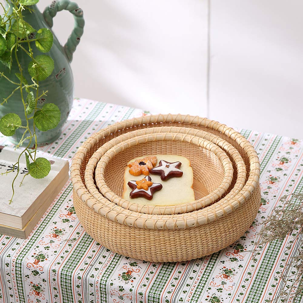 Handmade Rattan Fruit Basket - Round Woven Serving Tray for Bread, Cake & Kitchen Counter | Natural Rattan Desktop Organizer | Perfect for Breakfast, Tea Parties & Home Decor