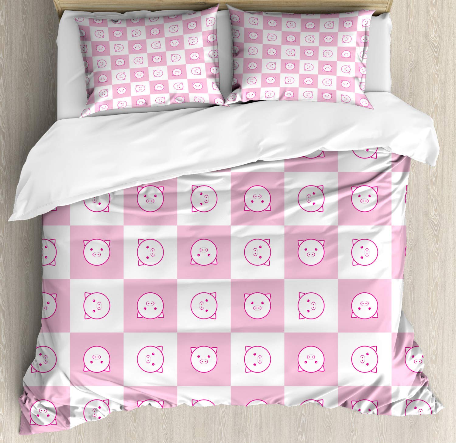 Ambesonne Checkered Duvet Cover Set with Funny Happy Piggy Faces - 2 Pack King Size Bedding Set Includes 2 Duvet Covers & 4 Pillowcases - Cute Girls Room Decor for Kids Bedroom, Teen Room & Nursery