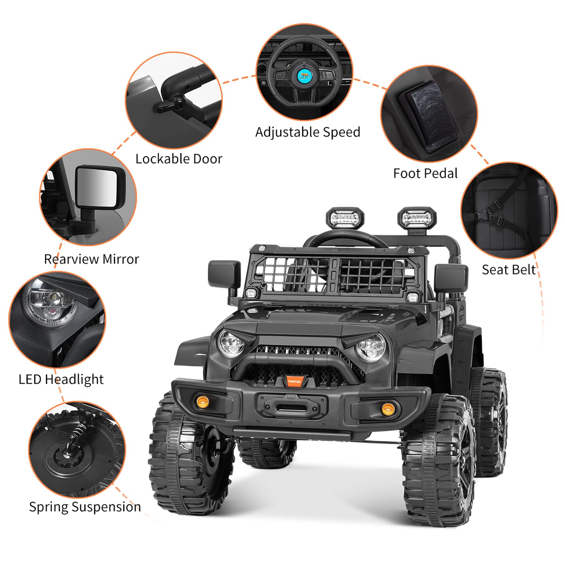 Kimbosmart 12V Kids Electric Ride-On Car with LED Lights, Horn, Radio & USB/AUX/MP3 - Black | Fun Outdoor Toy Vehicle for Toddlers & Children | Perfect for Birthday Gifts, Backyard Play & Park Adventures
