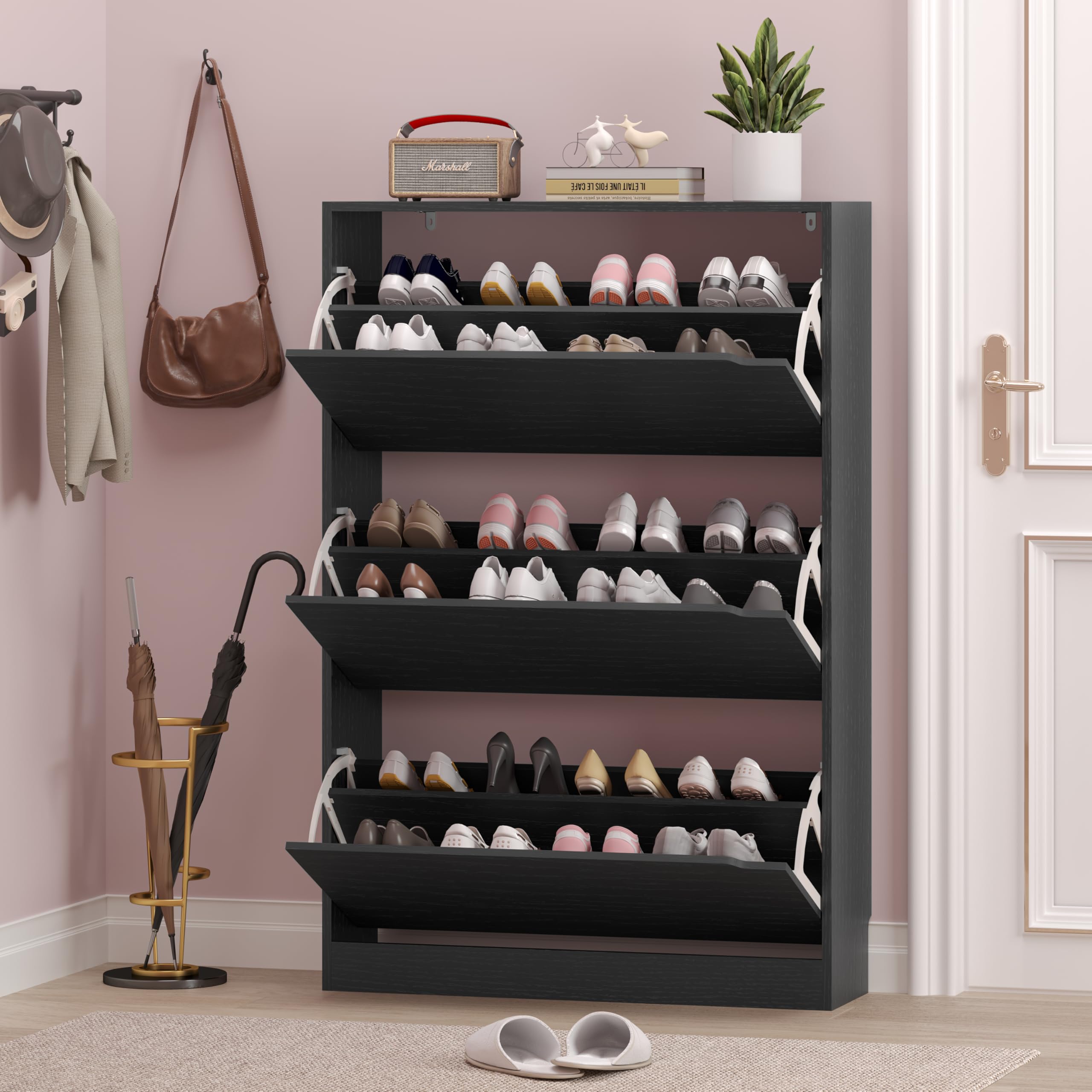 3-Tier Flip Drawer Shoe Storage Cabinet - Narrow Freestanding Shoe Rack Organizer for Entryway, Hallway, Closet - Space Saving Black Shoe Shelf for Small Spaces, Apartments & Dorm Rooms