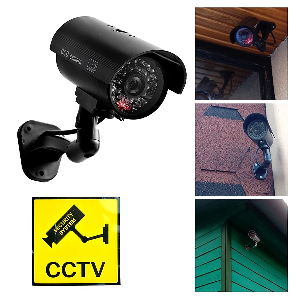 **4 Pack Fake Security Camera with No Trespassing Signs - Dummy Surveillance Camera with Realistic LED Red Light & Warning Stickers - Indoor/Outdoor Use for Home, Yard, Garage, Office (Set of 8)**