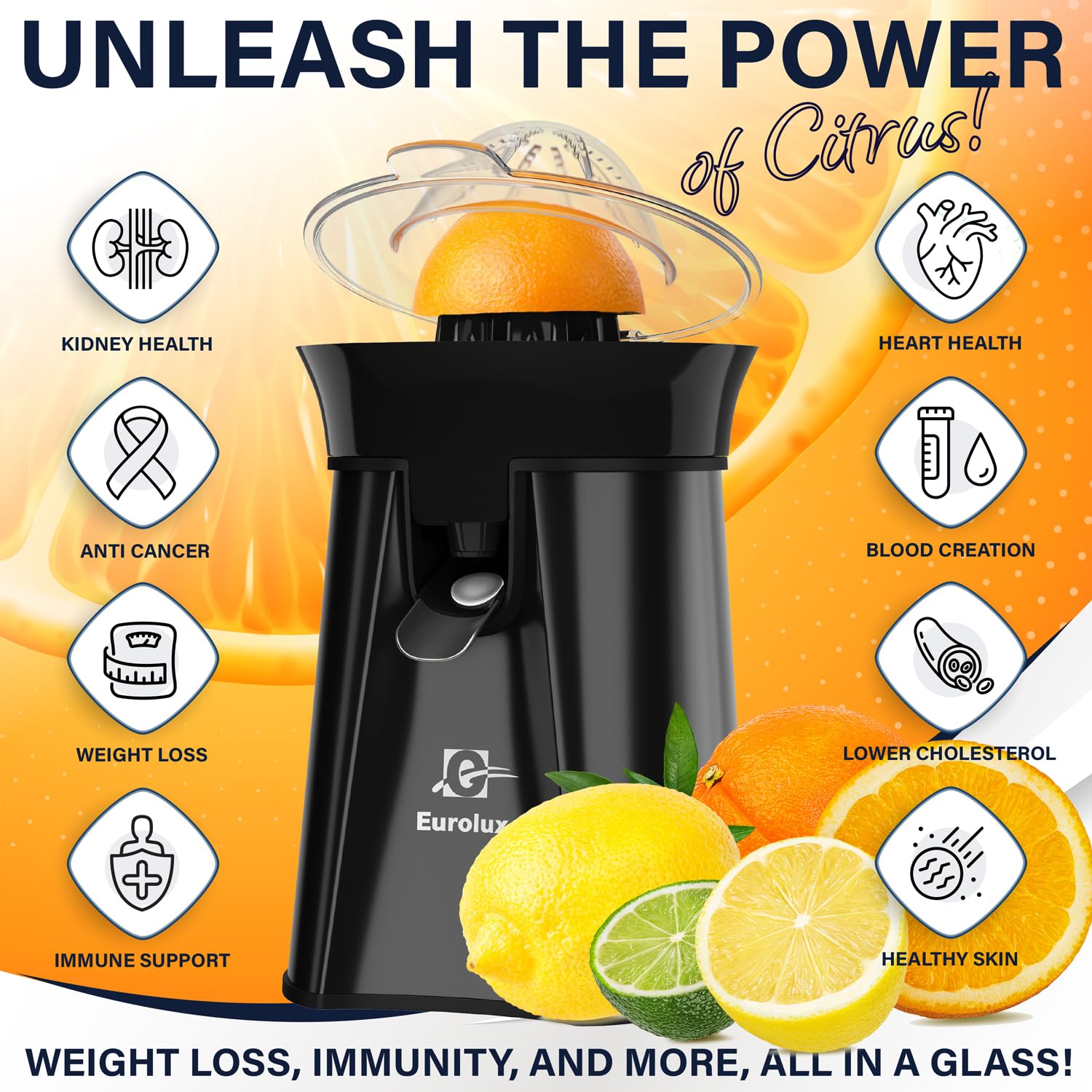 Premium Eurolux Electric Orange Juicer - High-Powered Citrus Squeezer for Oranges, Lemons, Limes & Grapefruits | 2-Size Cones, Easy-Clean Dishwasher Safe Parts | Perfect for Breakfast Bars, Juice Shops & Healthy Home Kitchens