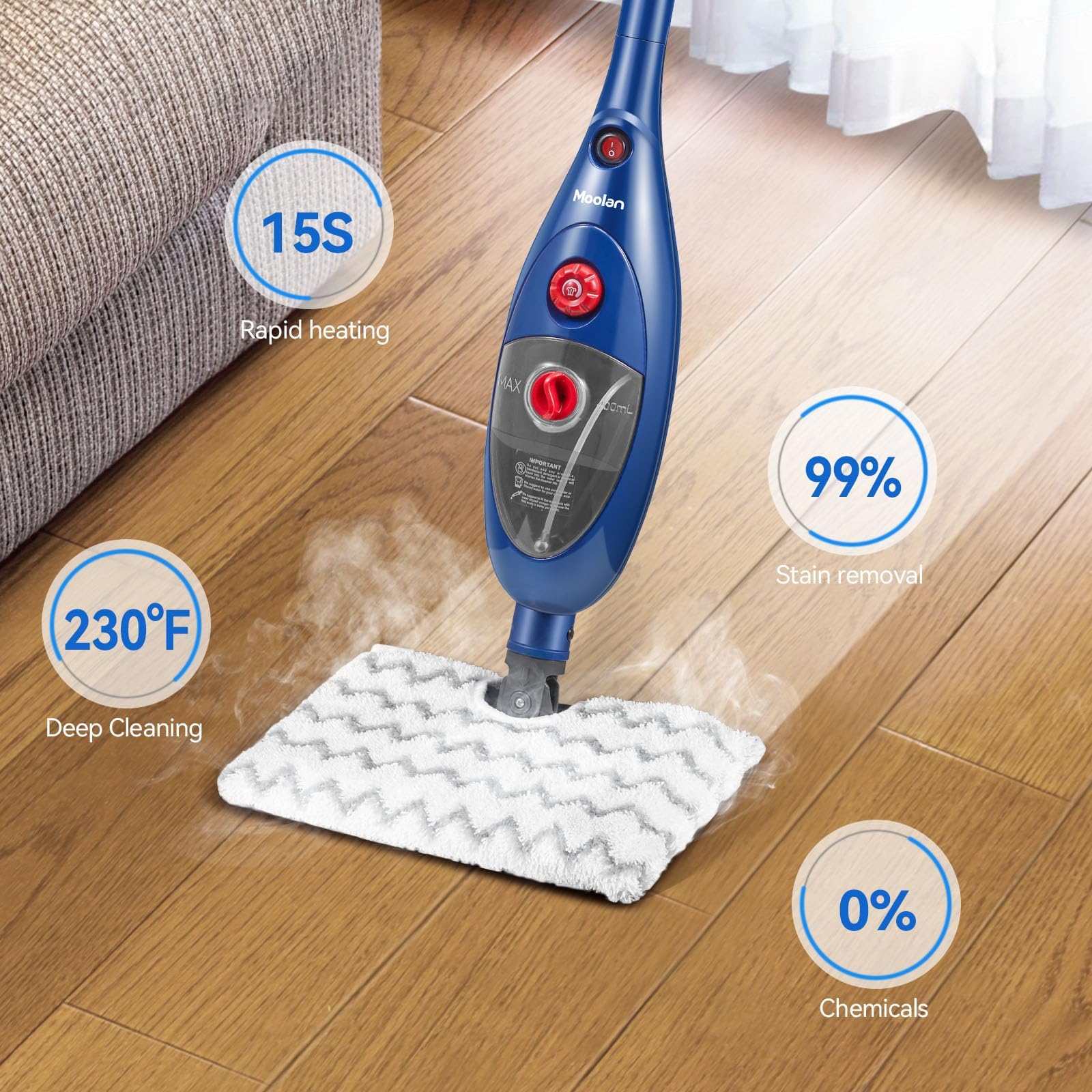 MOOLAN 10-in-1 Multipurpose Steam Mop Cleaner - Detachable Handheld Steamer for Hardwood Floors, Tile, Laminate, Windows & Walls - Perfect for Whole Home Deep Cleaning & Sanitizing