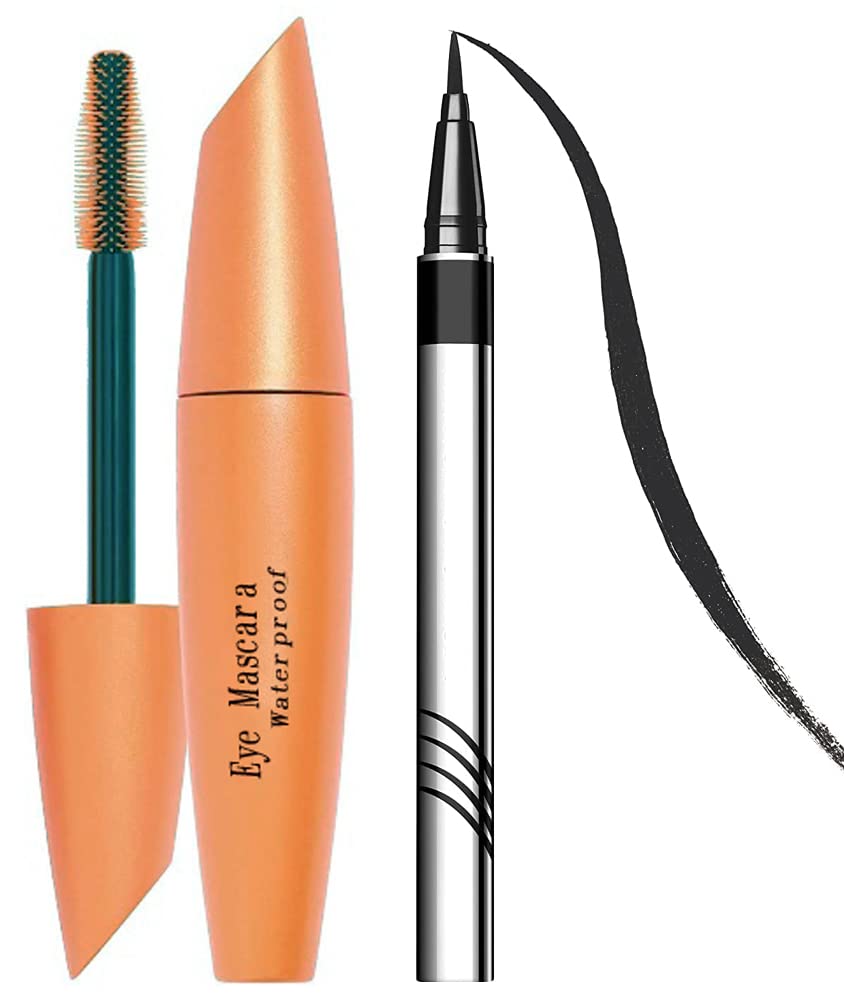 Waterproof Volumizing Black Mascara with Soft Brush - Smudge Proof Long Lasting Liquid Eyelash Mascara & Black Eyeliner Pen - Perfect for Daytime Office Look & Nighttime Party Makeup