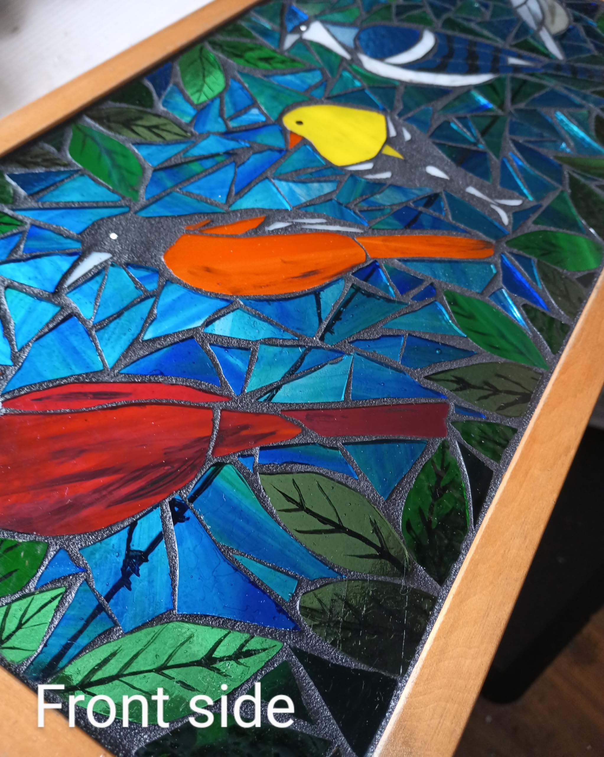 Handmade Stained Glass Mosaic Panel - Birds on Wire Design - Perfect for Window Decor, Wall Art & Home Décor
