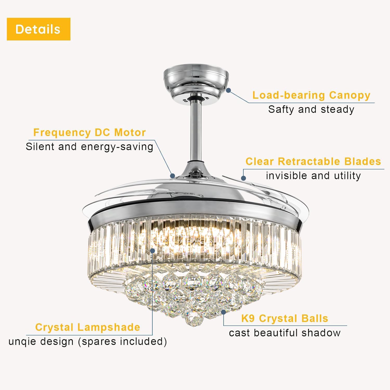 Moooni Modern 48 Inch Dimmable Crystal Ceiling Fan with Retractable Blades, Remote Control & LED Light Kit - Polished Chrome for Bedroom, Living Room & Dining Room