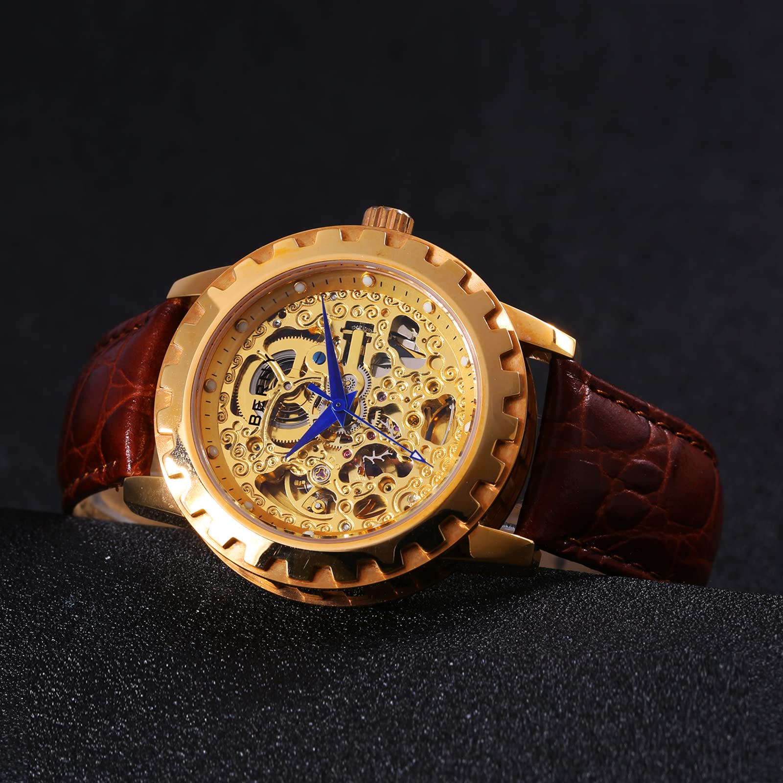 BERNY Luxury Automatic Skeleton Men's Watch - Gold Stainless Steel Dress Watch with Exhibition Back, Luminous Markers & Waterproof - Perfect for Business, Formal Events & Gift Giving