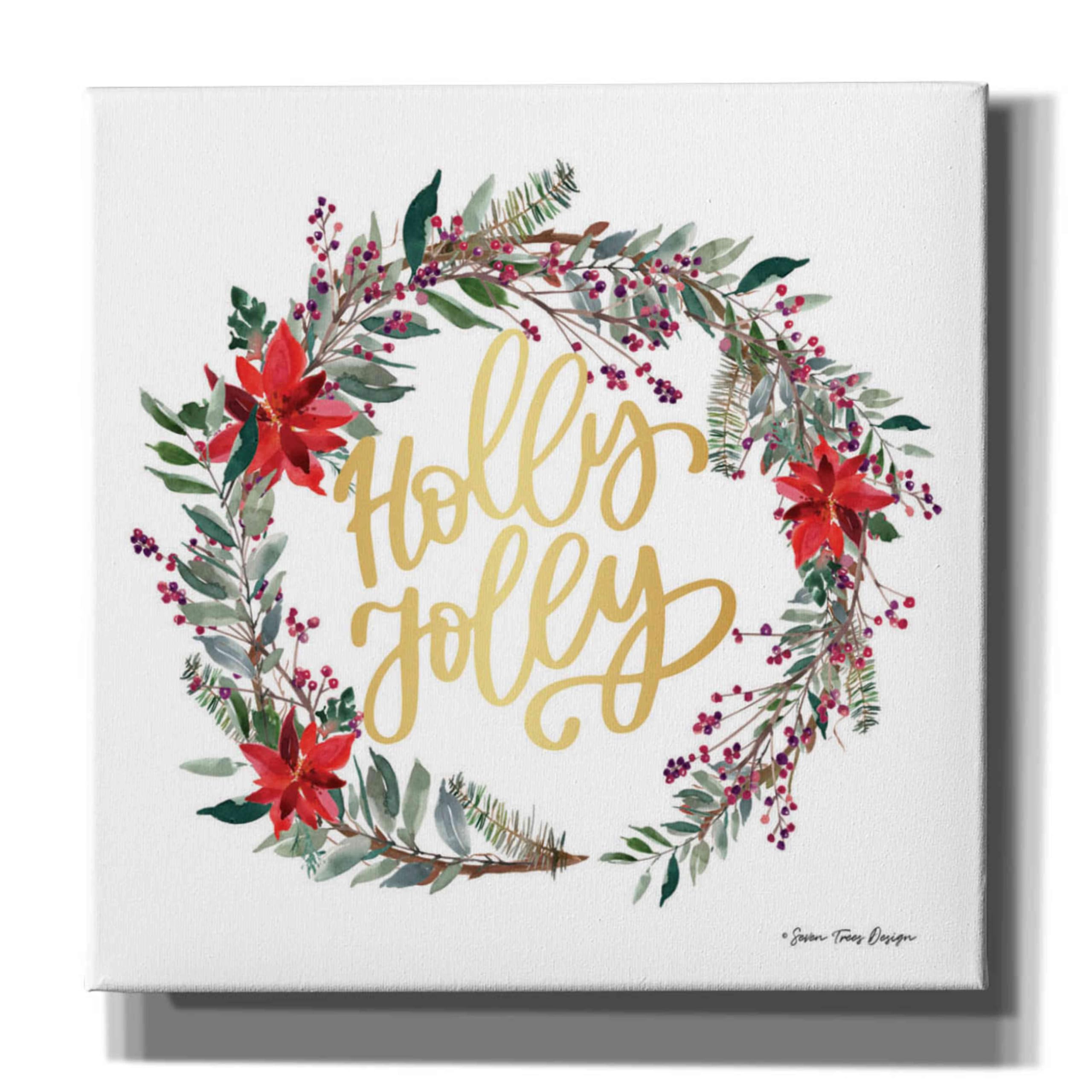Seven Trees Design 'Holly Jolly Poinsettia Wreath' Canvas Wall Art - 26x26 Inches Christmas Holiday Decor for Home, Office & Gifts