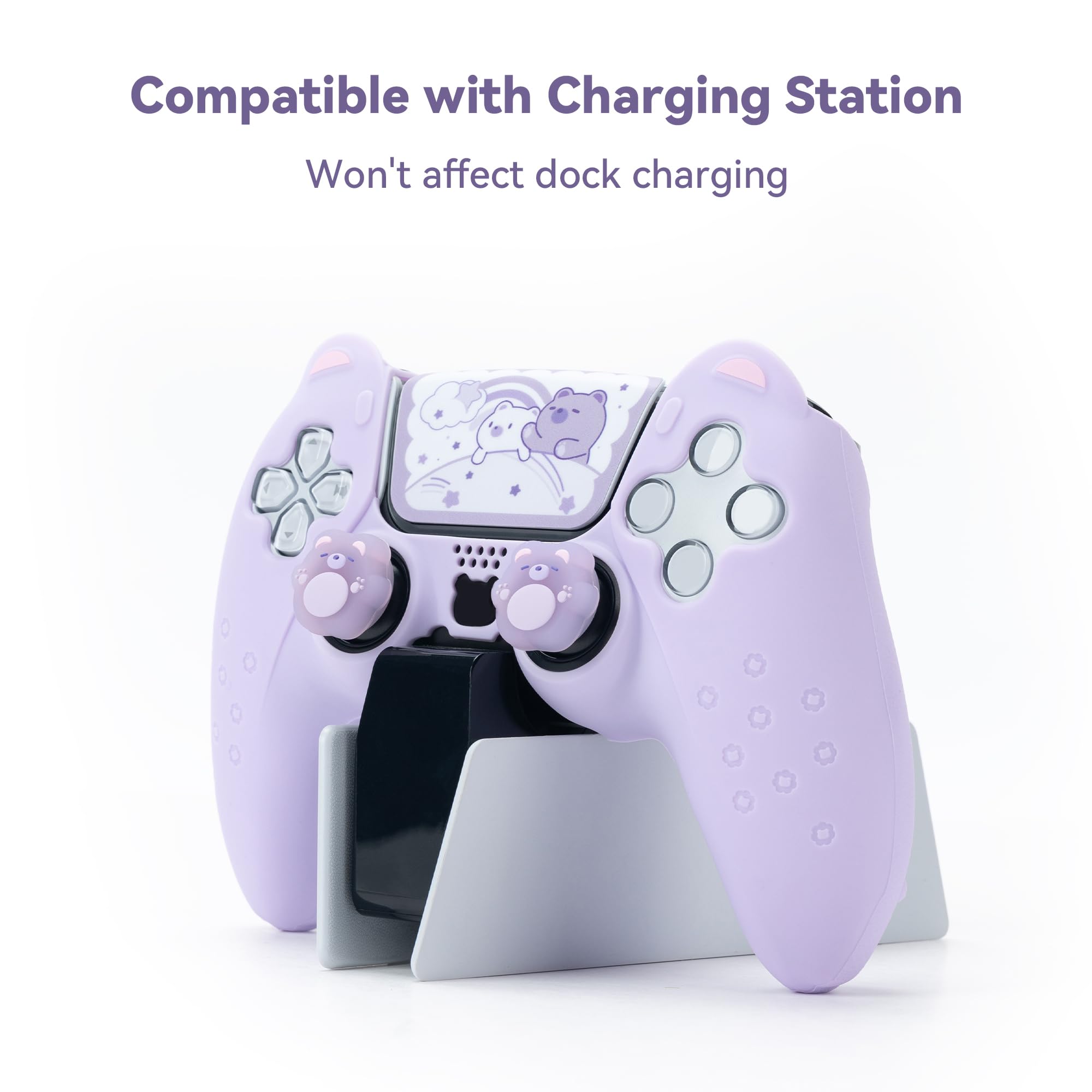 GeekShare Cute Bear PS5 Controller Skin Set - Includes 2 Grip Pads, 1 Anti-Slip Silicone Protector & Sticker for Wireless PS5 Controller (Purple) - Perfect for Gaming, Protection & Personalization