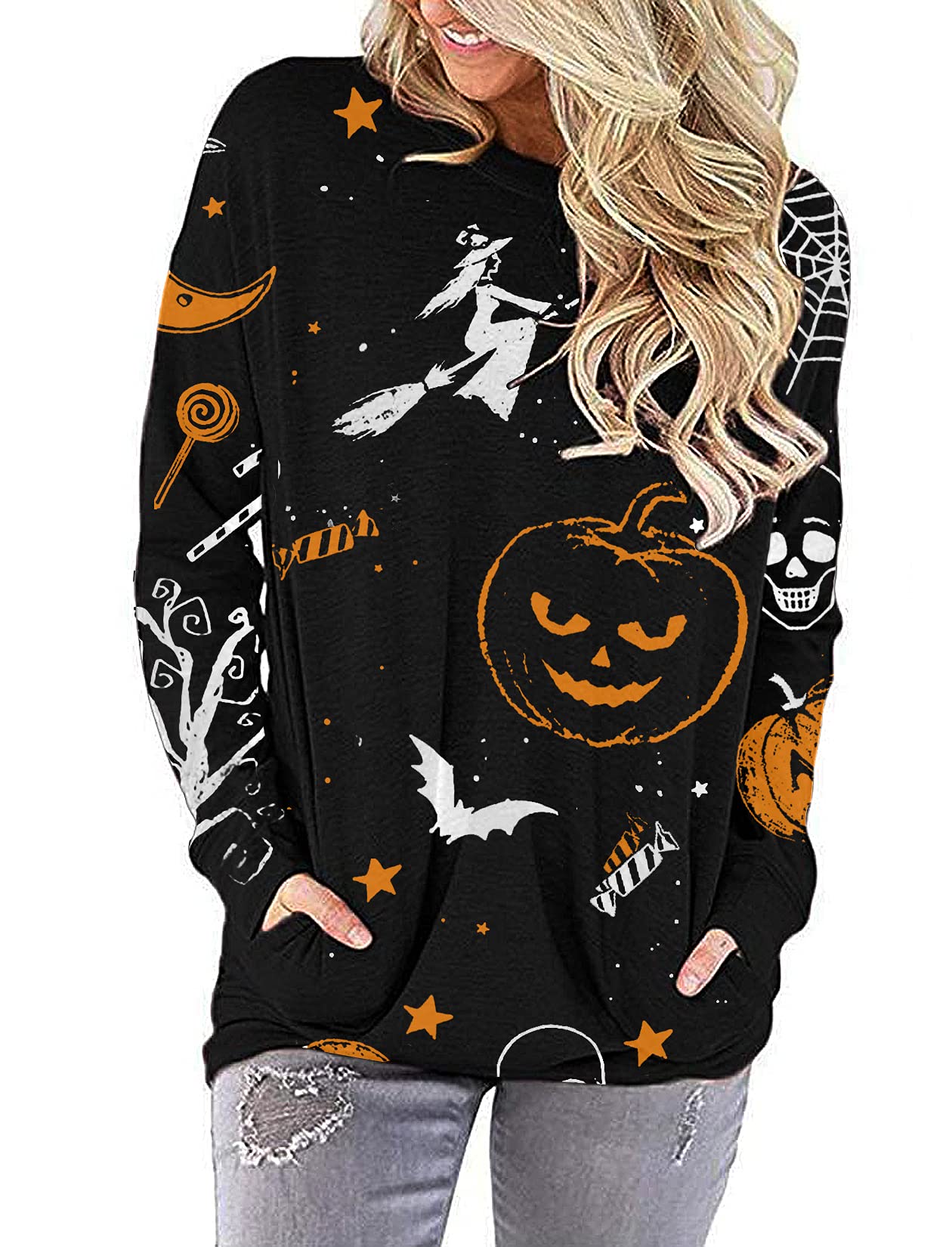 Women's Long Sleeve Halloween Shirt - Pumpkin Print Black Pullover Sweatshirt for Women (X-Large) | Cute Halloween Costume Top for Parties, Trick or Treat & Fall Festivals