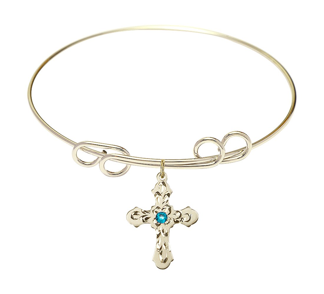 8 Inch Round Double Loop Bangle Bracelet with Cross Charm & December Blue Crystal - Elegant Jewelry for Women, Perfect for Christmas Gifts, Church Events, and Everyday Wear
