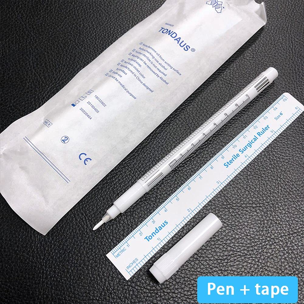 White Surgical Tattoo Eyebrow Skin Marker Pen - Waterproof Single Tip Body Positioning Pen with Paper Ruler | Perfect for Eyebrow Microblading, Permanent Makeup & Tattoo Outlining