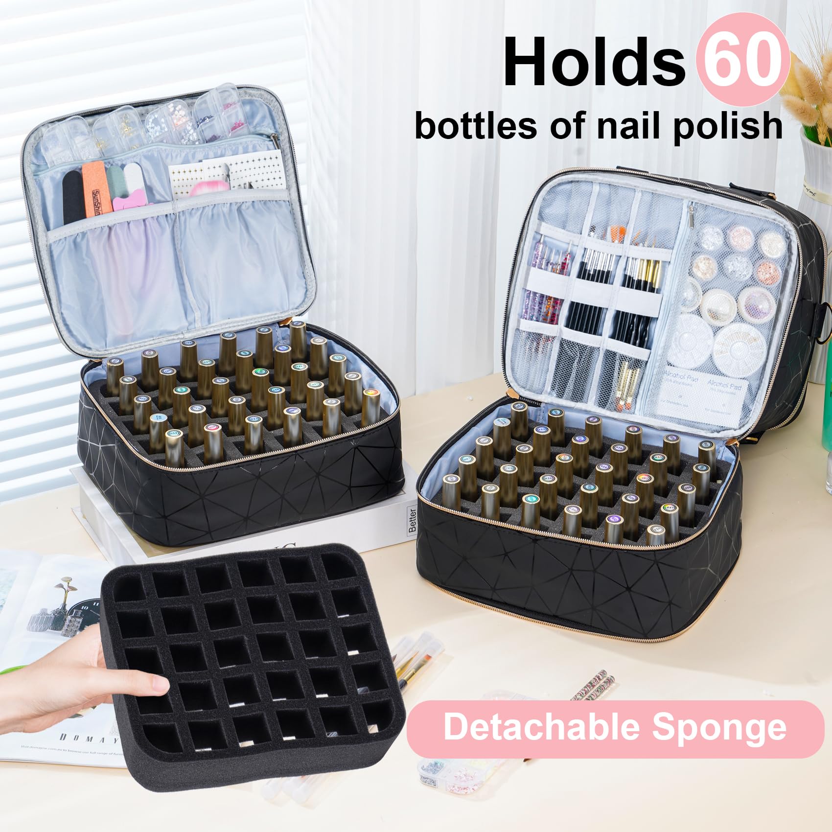 Uross 60 Bottle Nail Polish Organizer Bag - Professional Nail Tech Storage Case for Polish & Nail Art Supplies (Black) - Perfect for Salon, Travel & Home Organization