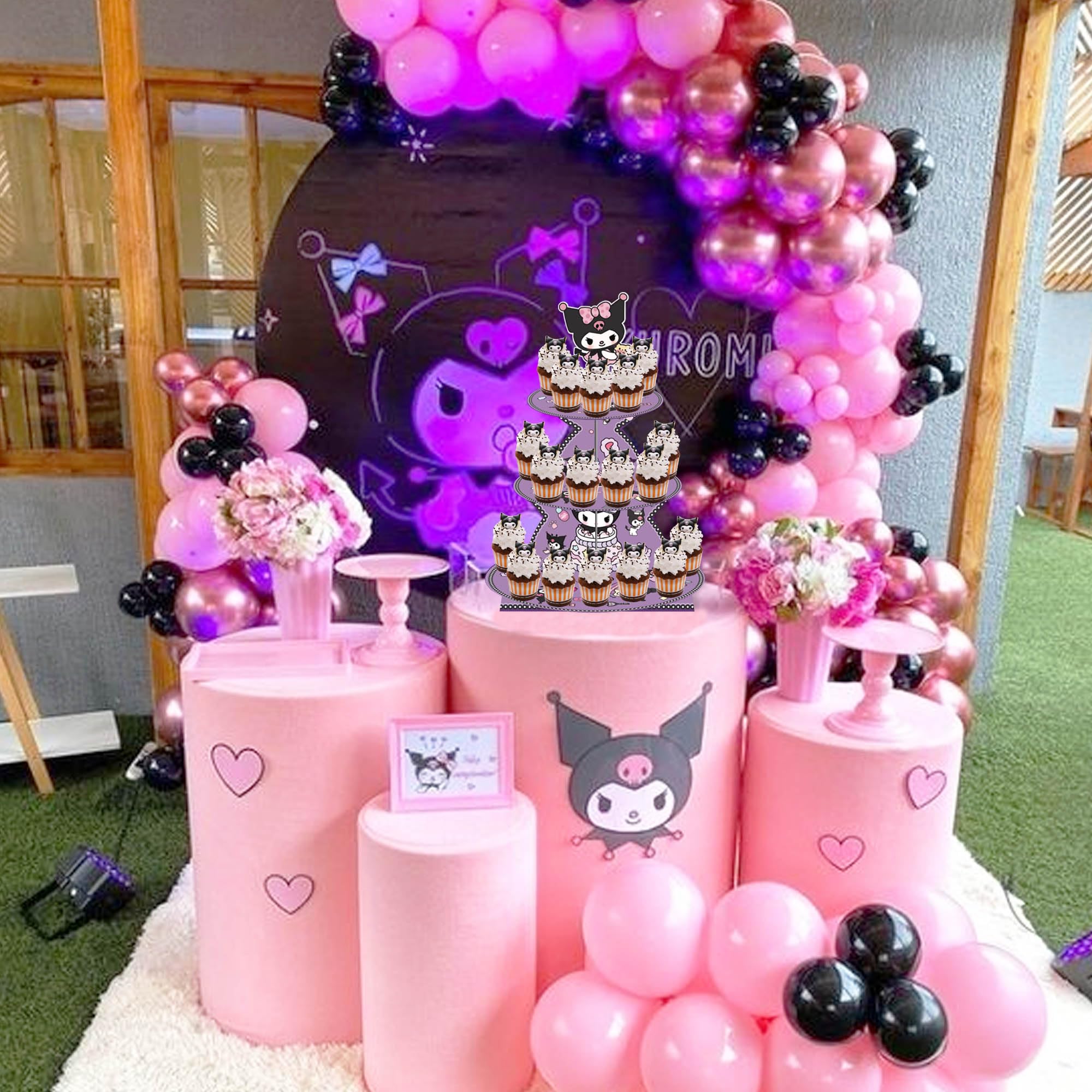 Kawaii Cartoon Birthday Decorations - 3 Tier Purple Cupcake Stand for Kids Party Supplies | Dessert Display Stand for Birthday, Baby Shower & Wedding | Cute Paper Cupcake Holder for Party Decor