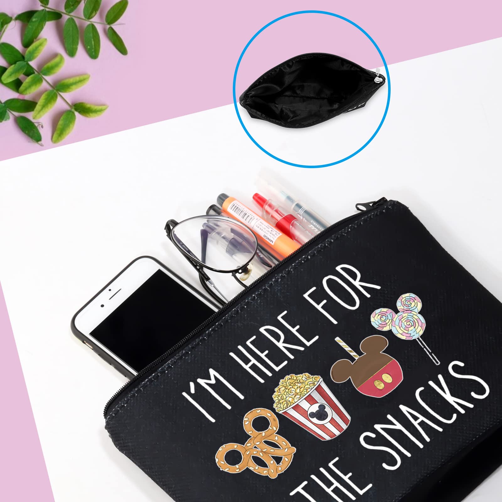 GJTIM Snacks Lover Gift Set - Reusable Travel Snack Pouch & Makeup Bag (Black) | Perfect for Family Vacations, Road Trips & Outdoor Adventures | I'm Here For The Snacks Design