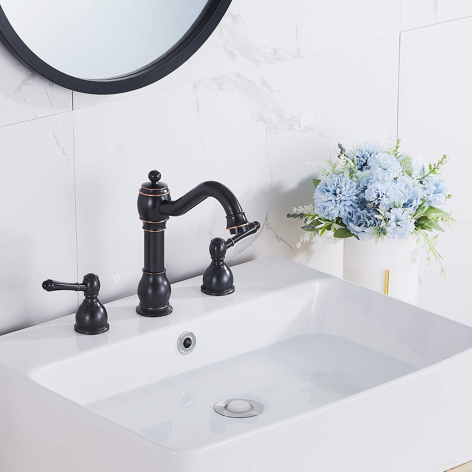 GGStudy Oil Rubbed Bronze 8-Inch Widespread Bathroom Faucet - 2 Handle 3 Hole Brass Sink Faucet with Pop-Up Drain - Perfect for Modern Bathroom & Powder Room Renovation