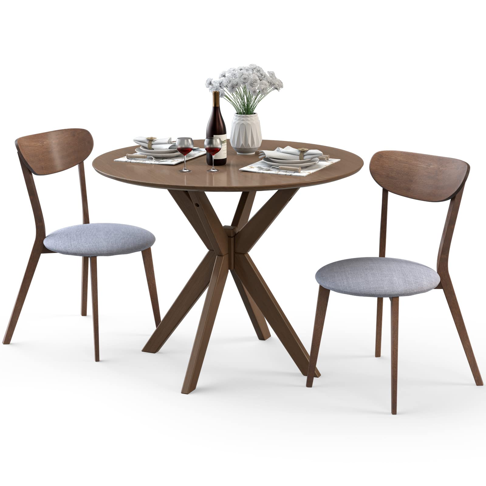 Giantex 3-Piece Wooden Farmhouse Dining Set - Round Kitchen Table with 2 Cushioned Chairs, Mid-Century Modern Dinette for Dining Room, Living Room & Small Spaces - Perfect for Family Meals, Breakfast Nook & Cozy Gatherings