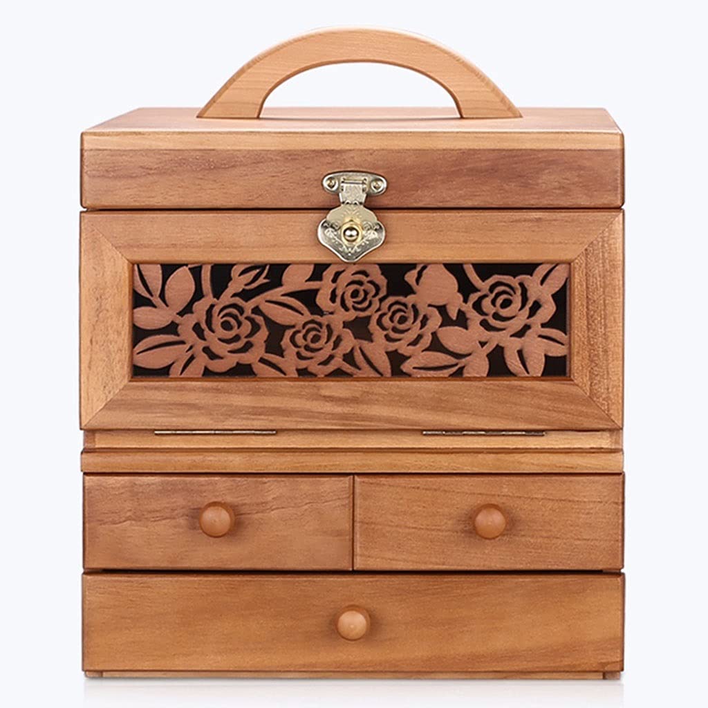 Portable Hollow Carved Wooden Jewelry Box with Mirror - Large Capacity Watch & Cosmetic Organizer, Desktop Storage for Necklaces, Rings, Earrings - Perfect Gift for Women (27×25.5×32.2cm) - Home Decor & Travel Use