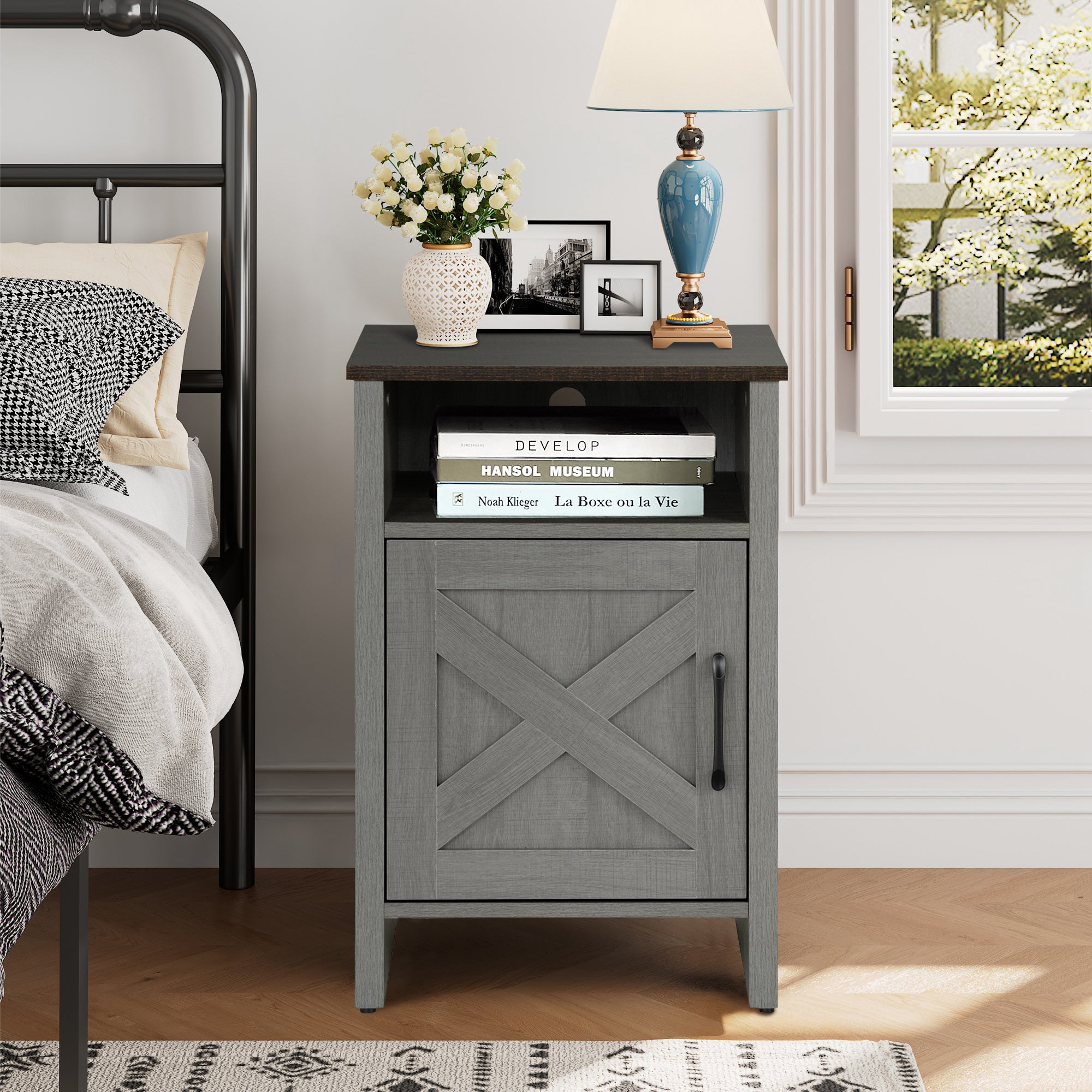 Farmhouse Grey 16 Inch Side Table with Barn Door & Open Shelf - Rustic End Table for Living Room, Bedroom, or Entryway - Perfect for Farmhouse, Cottage & Industrial Decor Styles