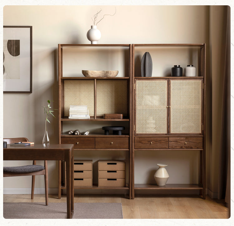 Solid Black Walnut & Ash Wood Bookshelf Display Cabinet - Modern Bookcase for Living Room, Office & Library Storage