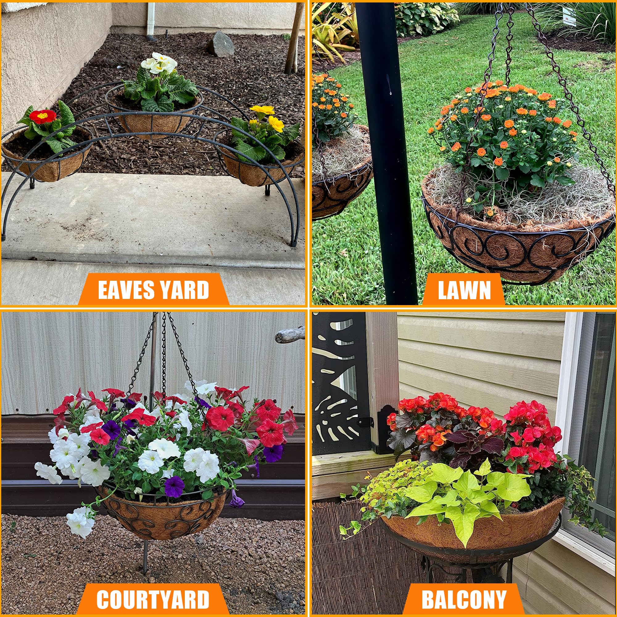 16 Inch Coco Liners for Planters - 4 Pack Round Coconut Fiber Hanging Basket Liners for Flowers, Plants & Garden - Perfect for Indoor/Outdoor Decor, Balcony & Patio Gardening