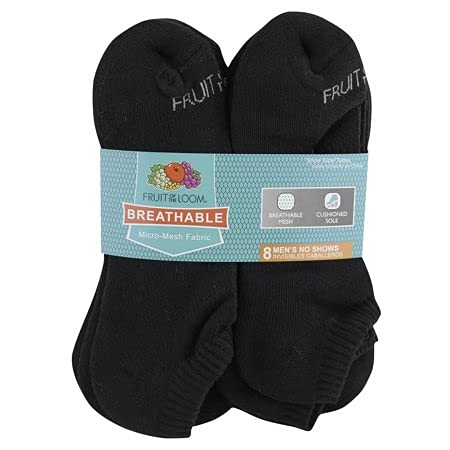 Fruit of the Loom Men's Breathable No Show Socks 8-Pack - Size 6-12, Black - Comfortable Invisible Socks for Casual Wear, Sports & Daily Use