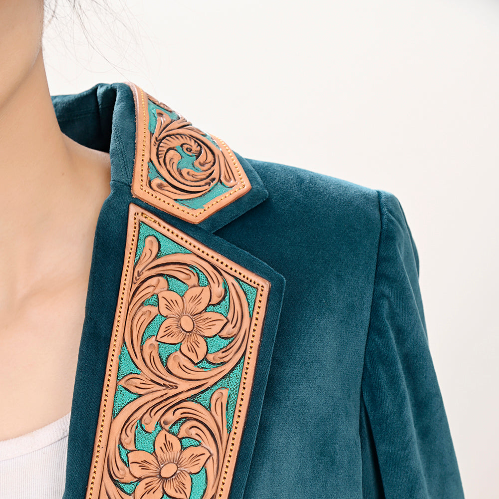ADBZ027 Genuine Leather Hand-Tooled & Hand-Carved Women's Blazer Dress Jacket for Ladies & Girls - Perfect for Office Wear, Formal Events & Special Occasions