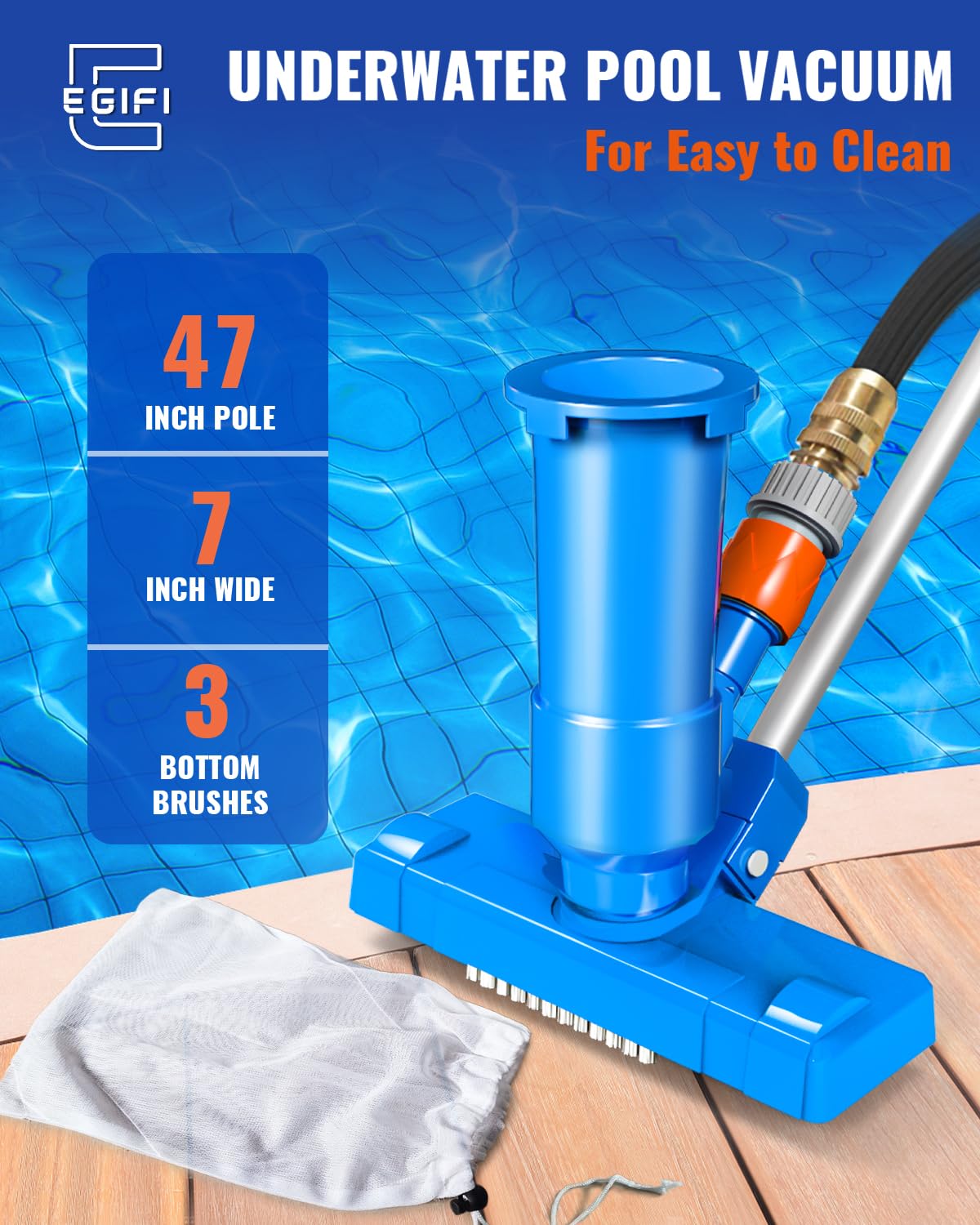 Portable Above Ground Pool Vacuum Cleaner with 3 Scrub Brushes, Mesh Bag & 47