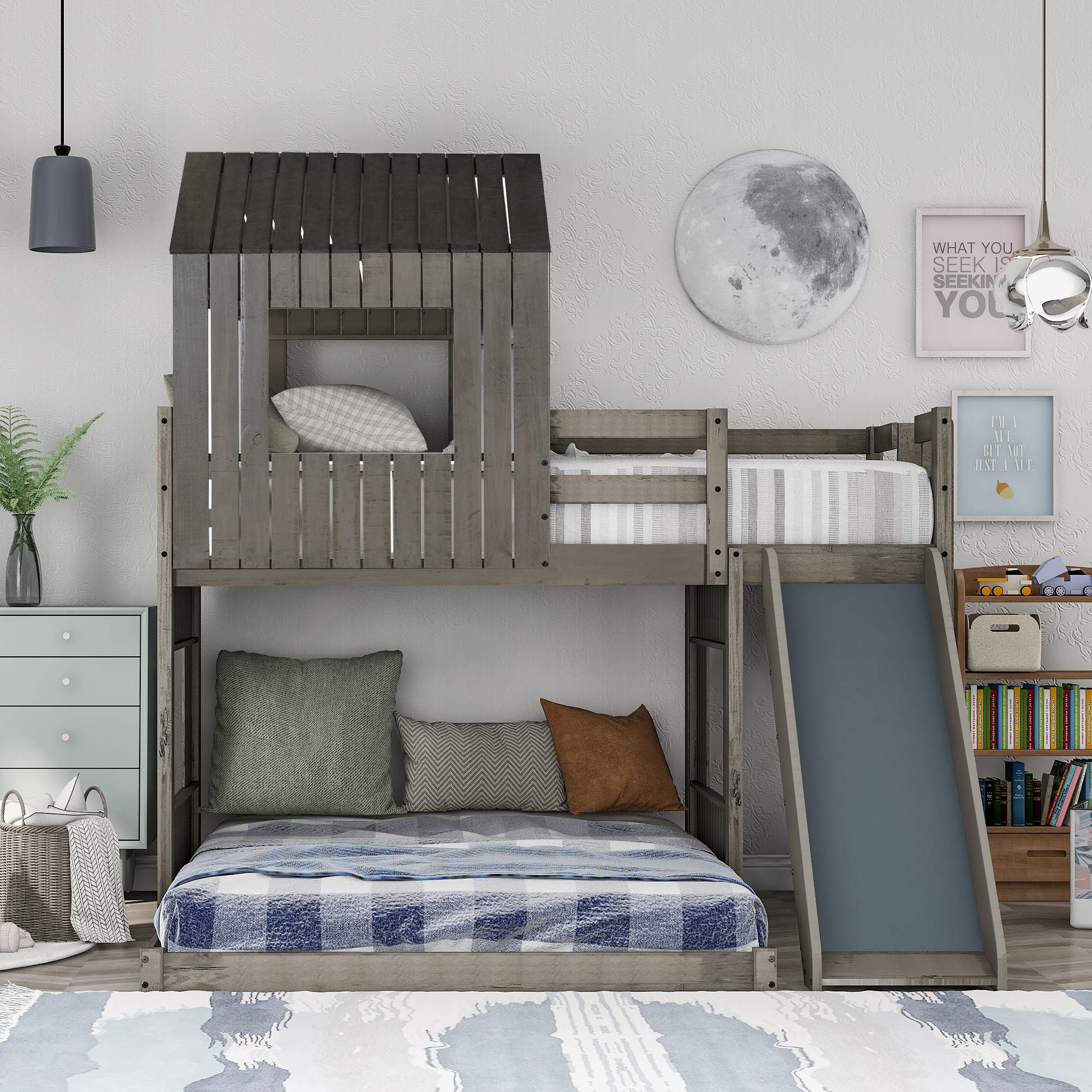 SOFTSEA Wooden Loft Bunk Bed Twin Over Full with Playhouse, Ladder, Slide & Safety Rails - Farmhouse Style Kids Bedroom Furniture (Antique Gray) - Perfect for Siblings Sharing Rooms, Daycare Centers & Vacation Homes