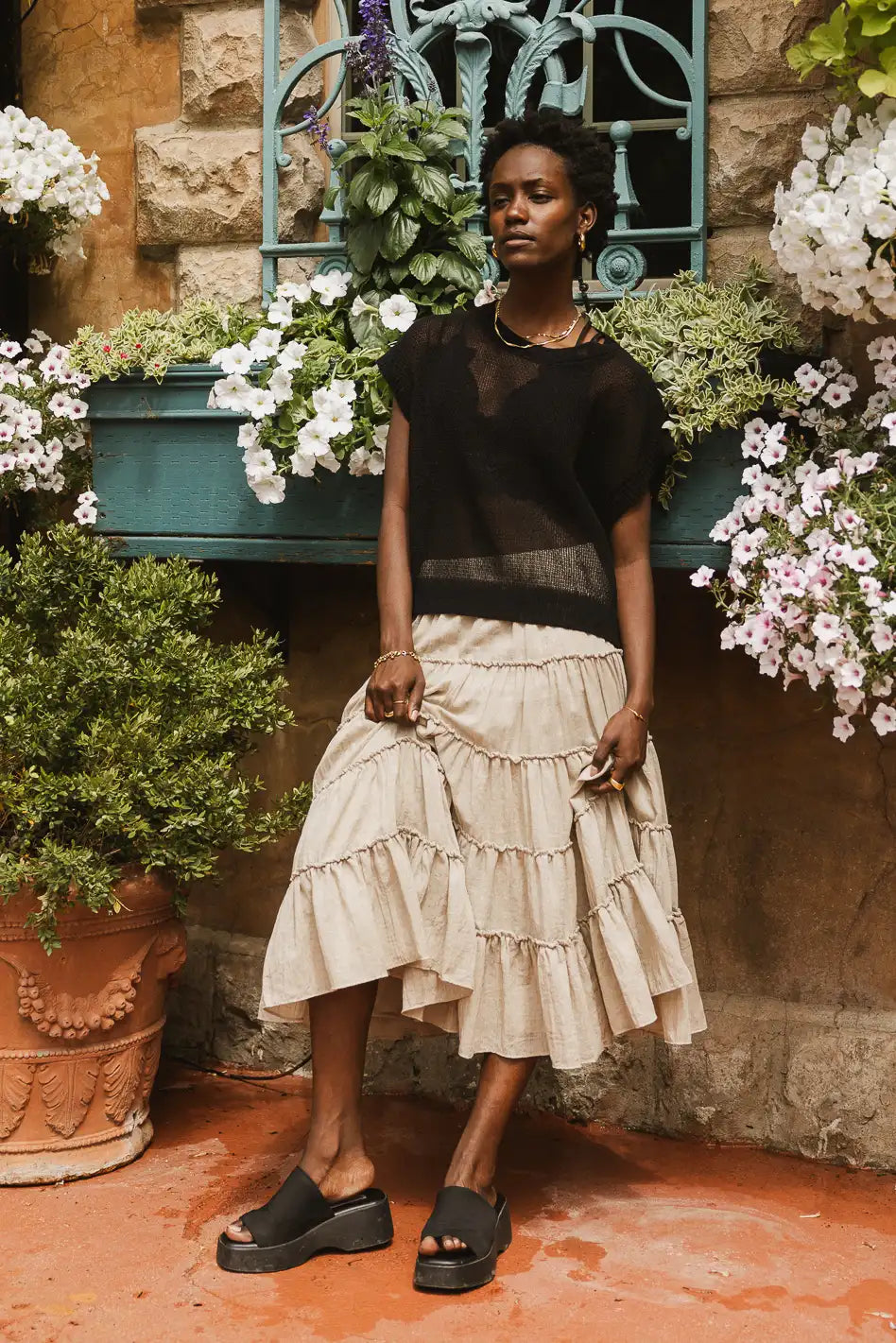 Minerva Tiered Midi Skirt in Taupe - Women's Flowy A-Line Skirt for Casual & Office Wear | Perfect for Spring & Summer Outfits
