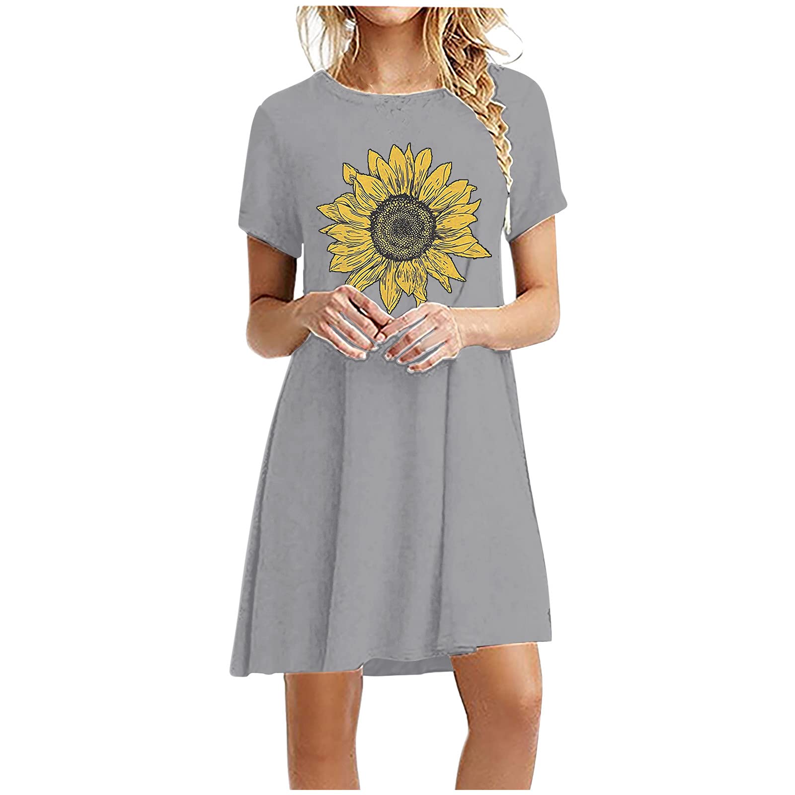 Women's Petite Summer Dresses - Casual Loose Fit Crewneck Short Sleeve Sunflower Print Mini Dress | Perfect for Beach Vacations, Picnics & Summer Outings