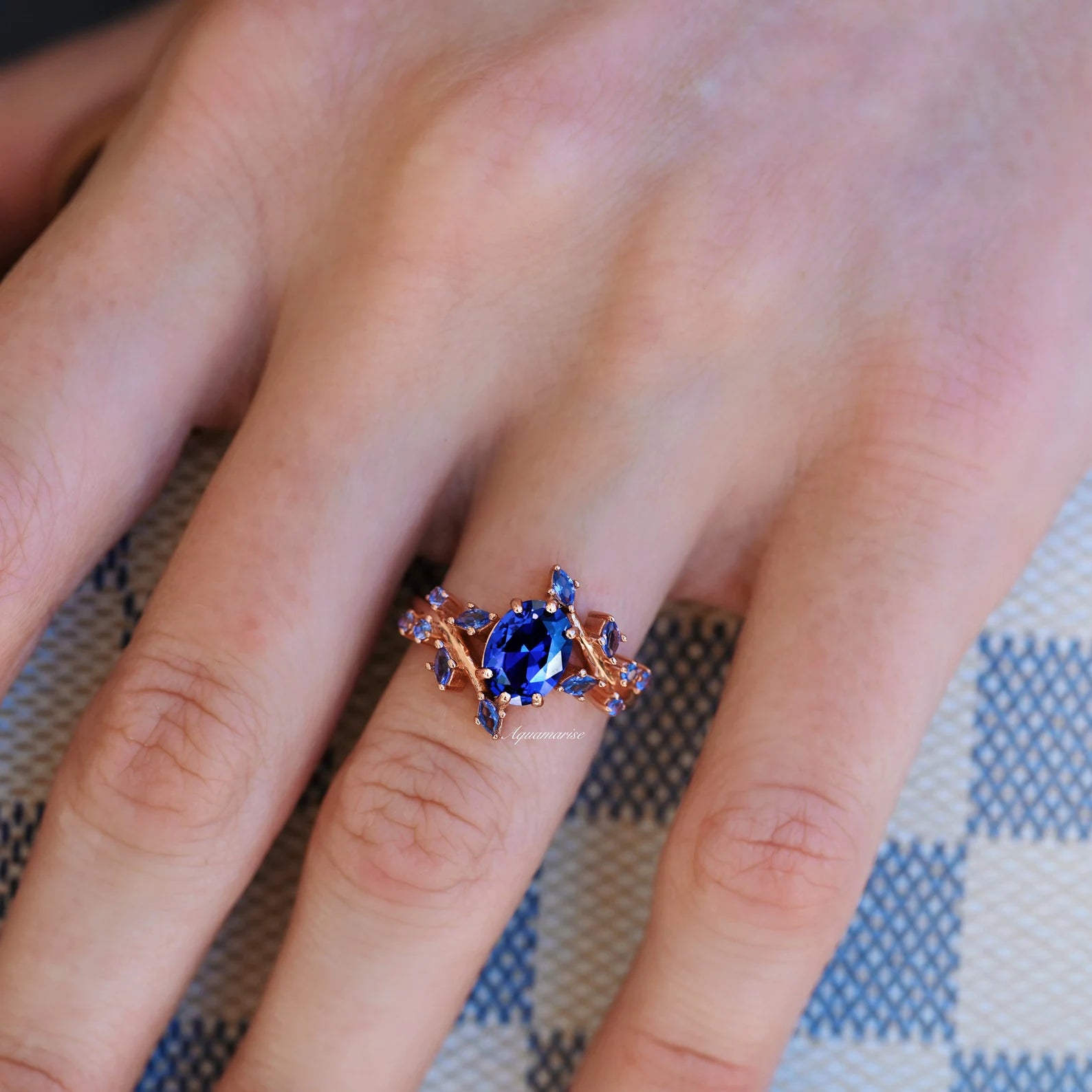 Orion Nebula & Cornflower Sapphire Leaf Couples Ring - Matching Wedding Bands, Celestial Inspired Jewelry for Anniversaries & Romantic Gifts