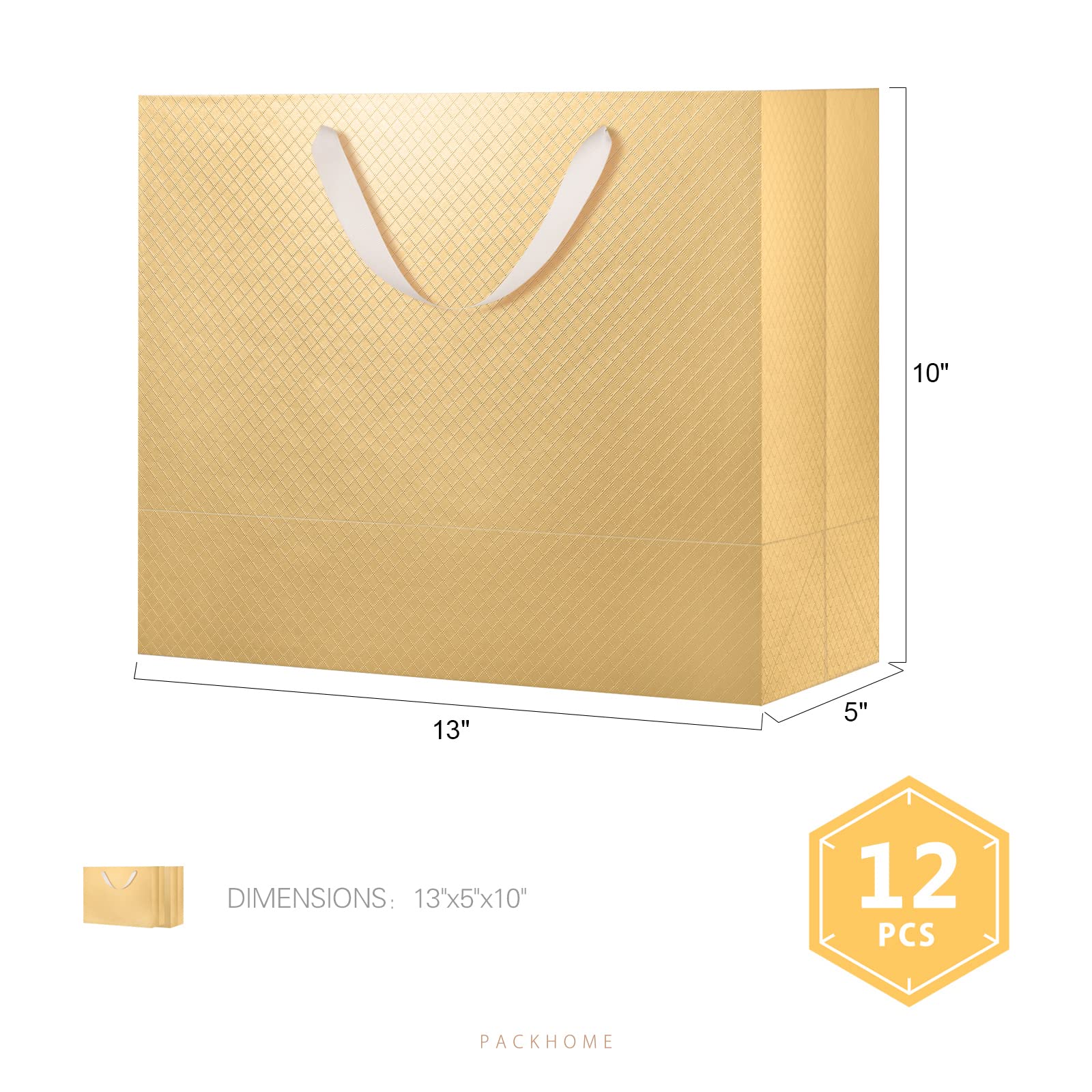 Premium Gold Gift Bags with Handles - 12 Pack 13x5x10 Inch Large Glossy Lattice Texture Gift Bags for Birthdays, Weddings, Christmas & Party Favors - Elegant Gift Packaging for Any Occasion