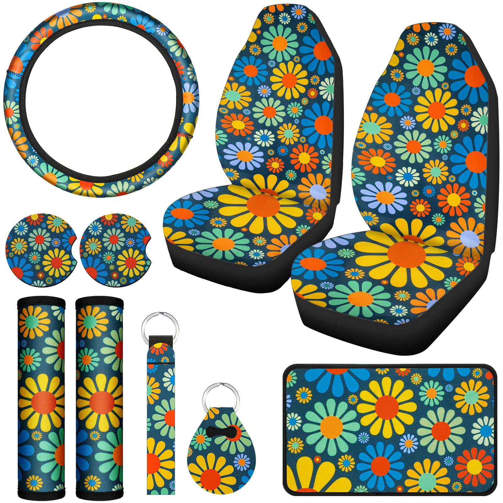Hippie Flower Car Seat Covers 10-Piece Set - Universal Fit for Cars & Trucks - Boho Style for Women & Men
