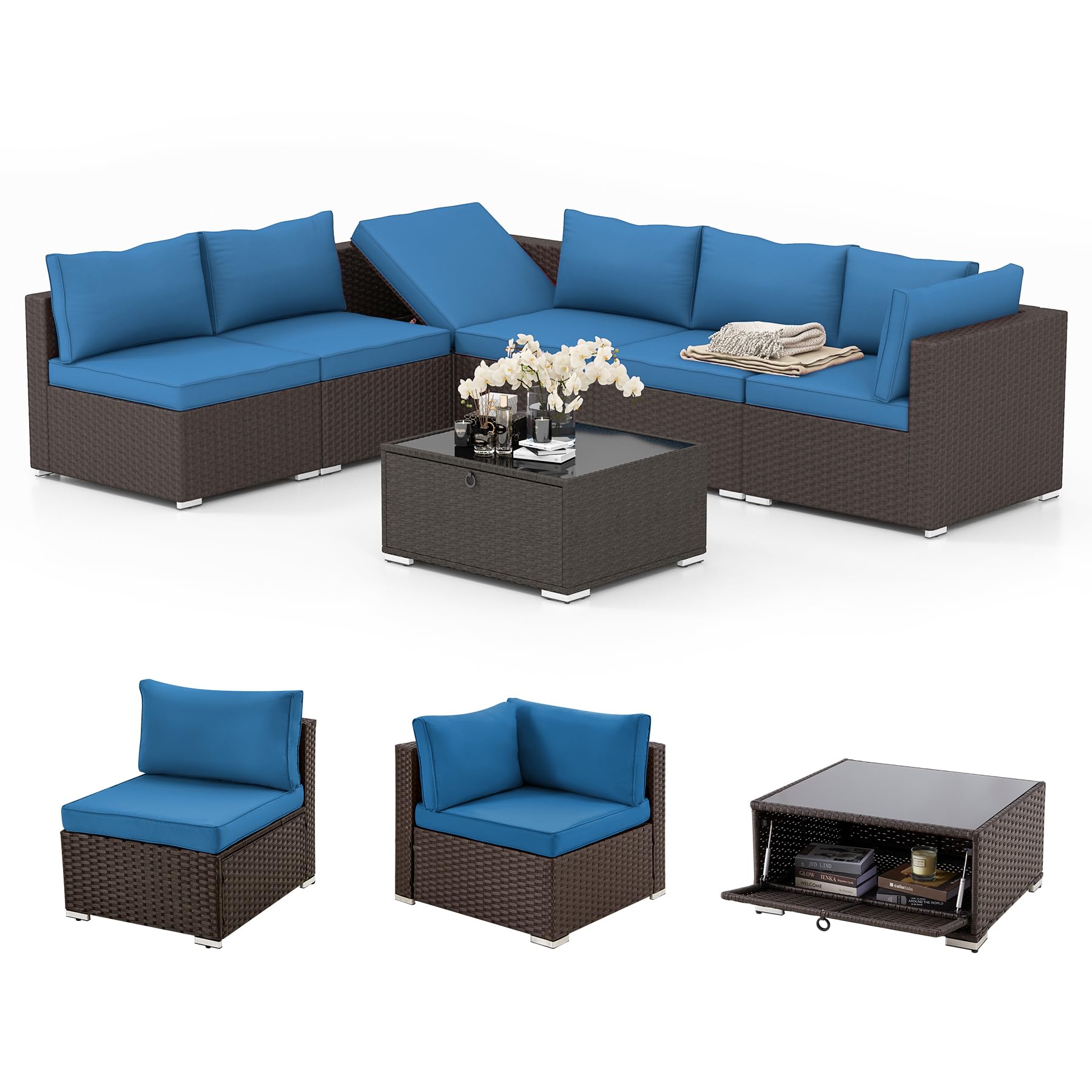 HOMREST 7-Piece All-Weather Wicker Patio Furniture Set with Adjustable Bracket & Coffee Table - Outdoor Conversation Set for Porch, Garden, Backyard (Blue) - Perfect for Relaxing, Entertaining & Outdoor Dining