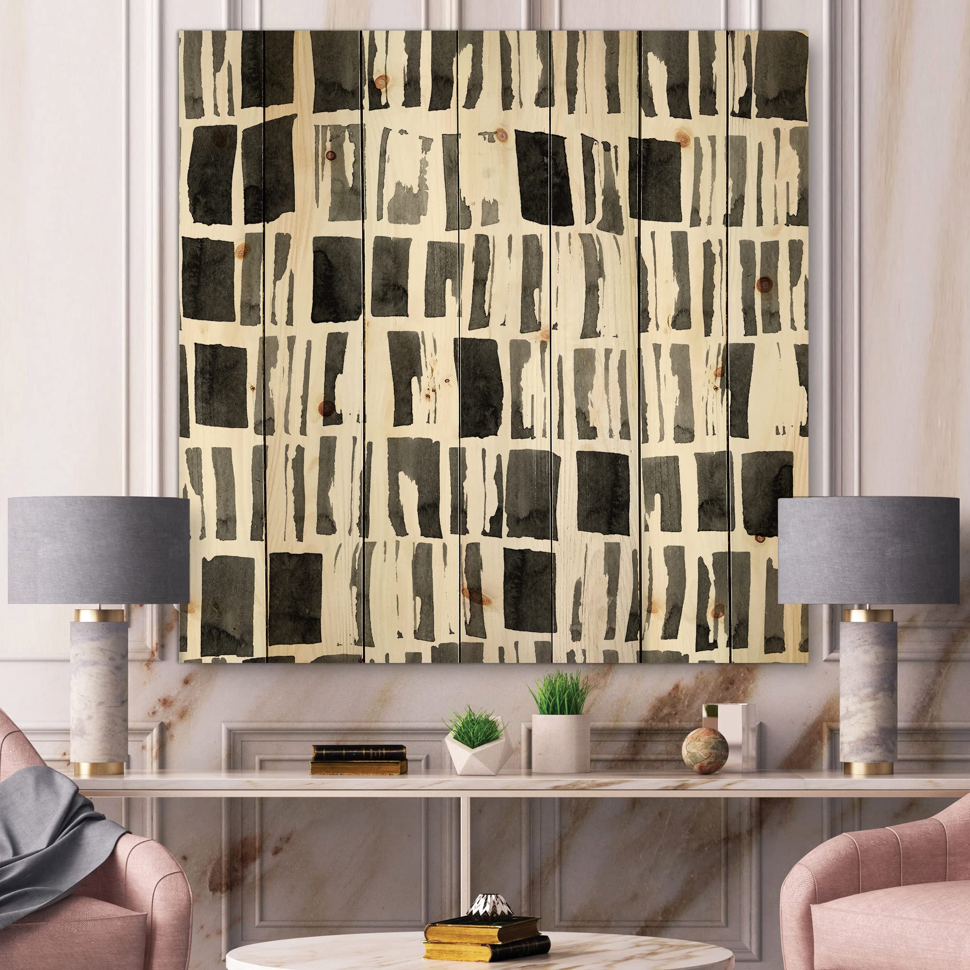 DesignQ Abstract Monochrome Bricks Modern Wood Wall Art - Large Black & White Contemporary Wood Wall Decor Panels Printed on Natural Pine - Perfect for Living Room, Bedroom & Office Decor