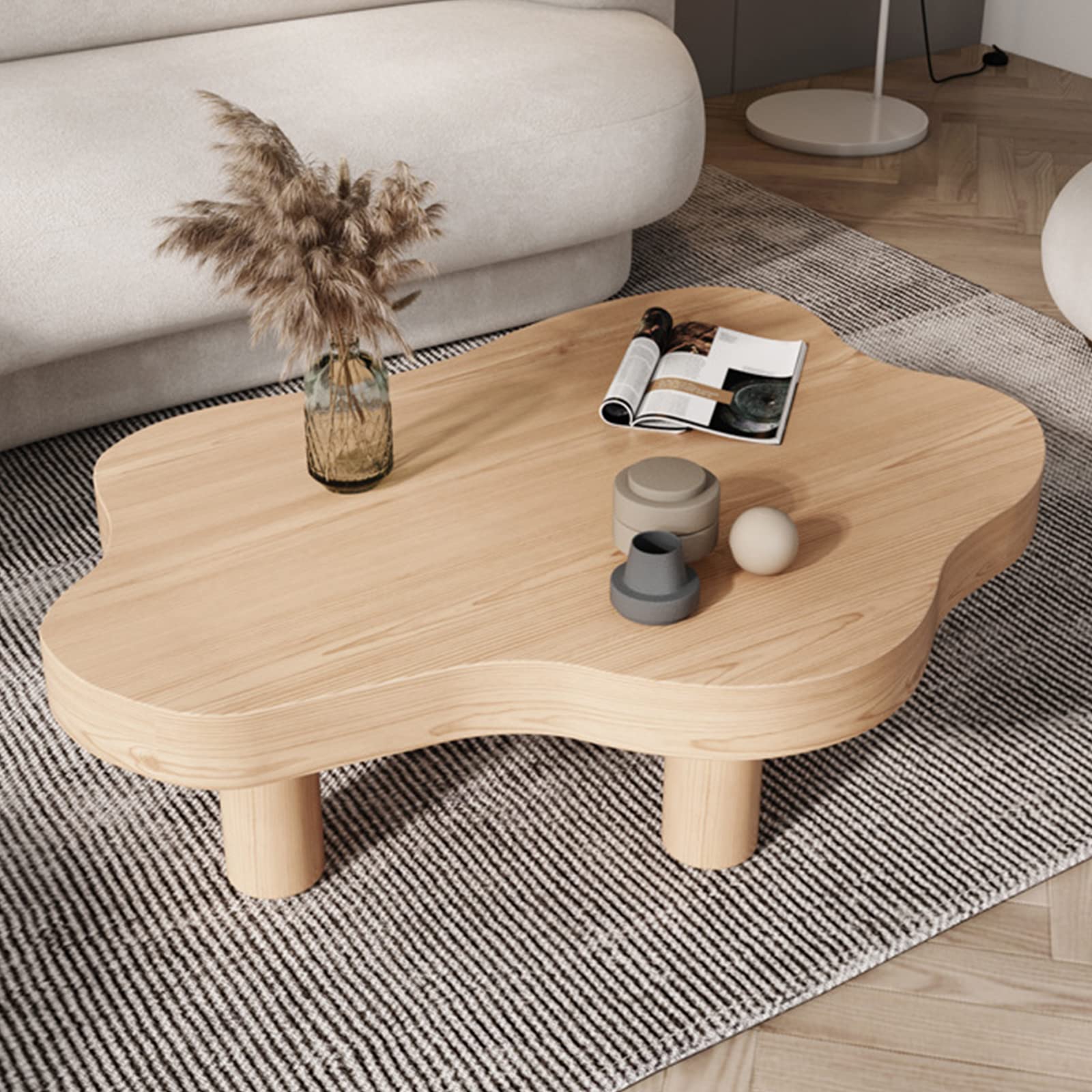 HM&DX Modern Cloud-Shaped Wood Coffee Table - Round Corner Thickened Accent Table with 3 Legs - Natural Wood Finish - 35.4