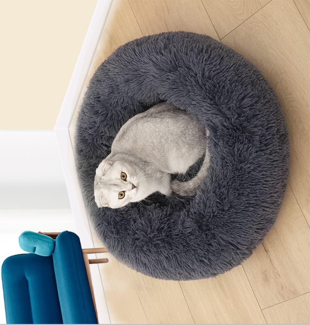 Cozy Plush Round Cat Bed for Small Dogs & Kittens - Soft Warm Pet Donut Bed with Anti-Slip Bottom (36x36x12cm) - Perfect for Indoor Lounging, Napping & Cuddling