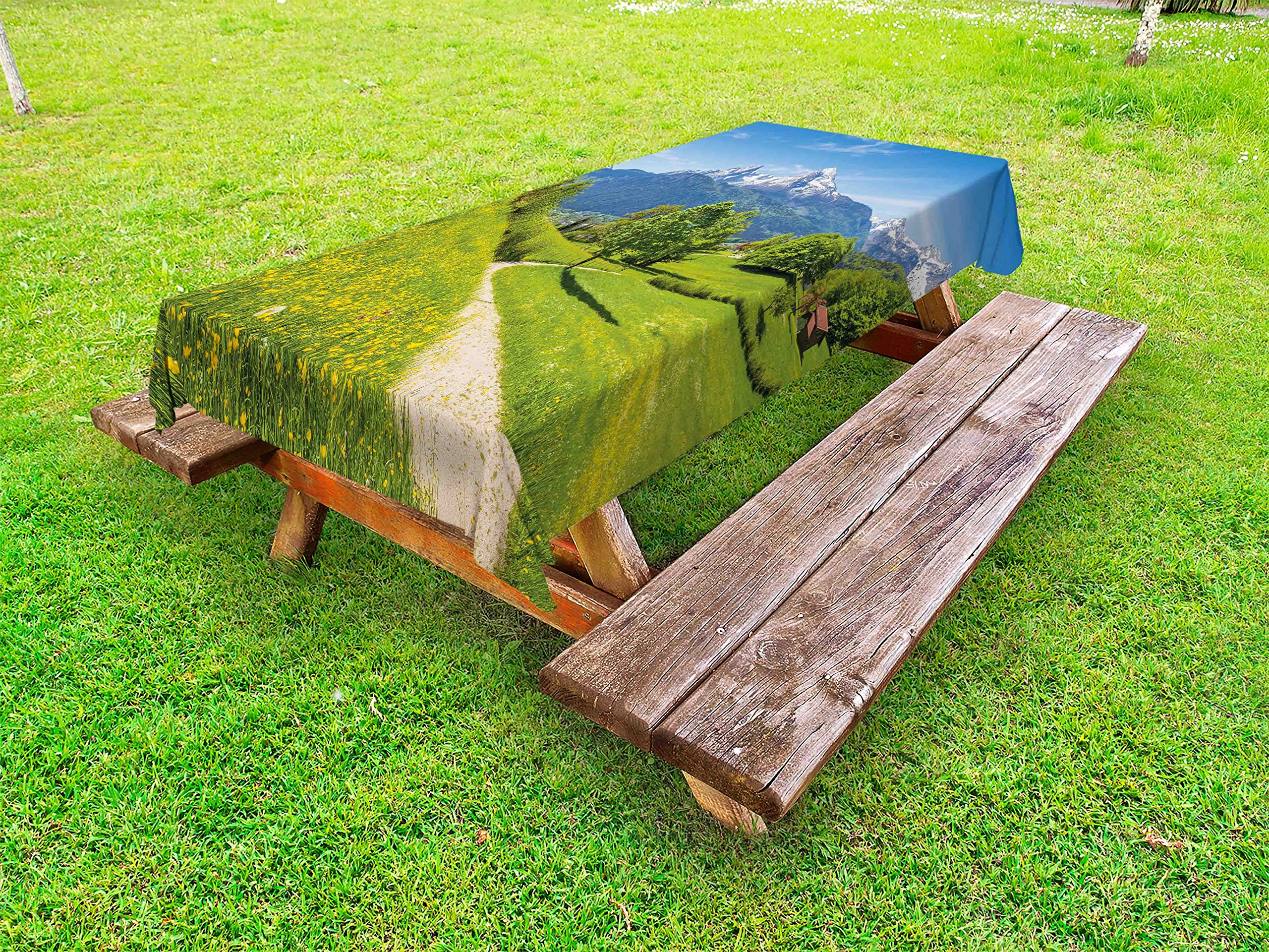 Ambesonne Waterproof Outdoor Tablecloth - Wildflower Alpine Landscape with Snowy Mountains, Bavaria Germany National Park Design - 58x104 Inch Washable Picnic Table Cover in Yellow Green - Perfect for Garden Parties, Camping & Outdoor Dining