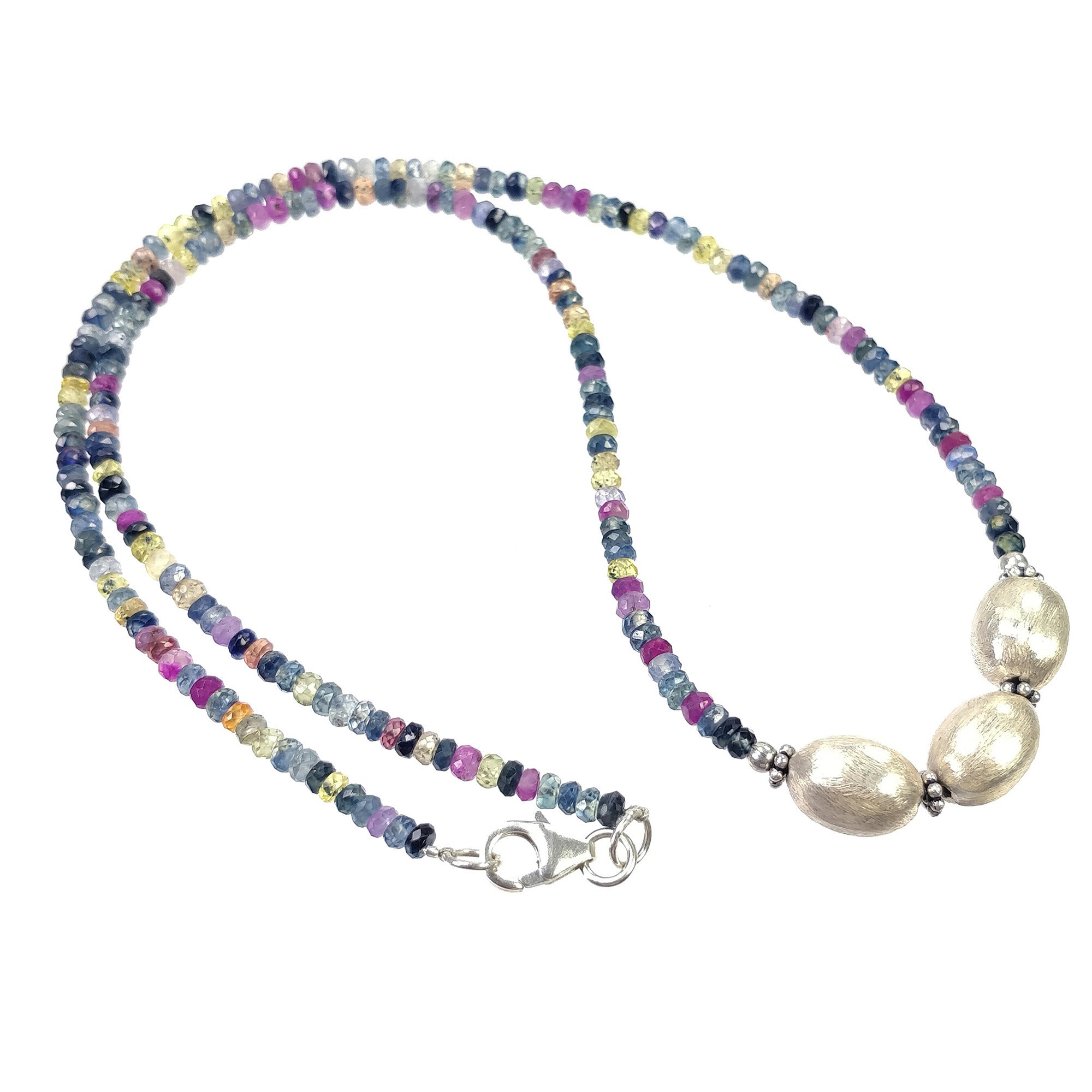 Natural Multi Sapphire Beaded Necklace for Women - 925 Sterling Silver Pendant Chain with Gemstone Beads - Elegant Jewelry Gift (18.5