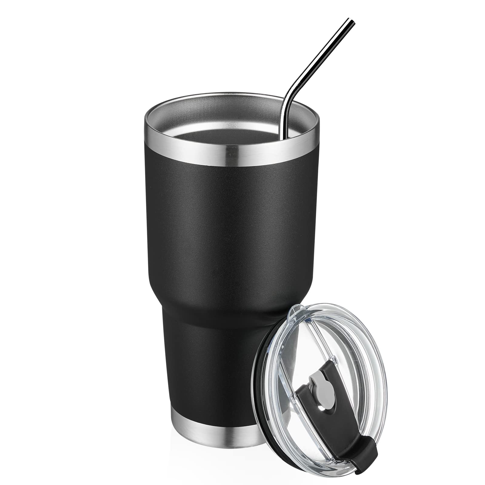 30 oz Insulated Stainless Steel Travel Coffee Mug with Lid & Straw - Double Wall Vacuum Insulated Tumbler for Hot & Cold Drinks - Powder Coated Durable Design - Perfect for Office, Commuting, Camping & Outdoor Activities (Black, 12 Pack)