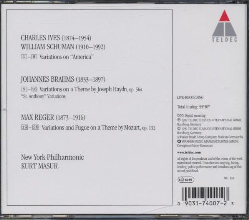 Brahms Haydn Variations & Reger Mozart Variations - Classical Music CD | Ives Schuman Variations on America | Perfect for Symphony Lovers & Music Study