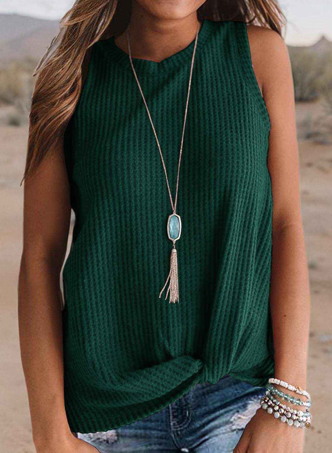 IWOLLENCE Women's Waffle Knit Tank Top - Casual Sleeveless Twist Knot Blouse Tunic for Summer Outfits & Beach Wear