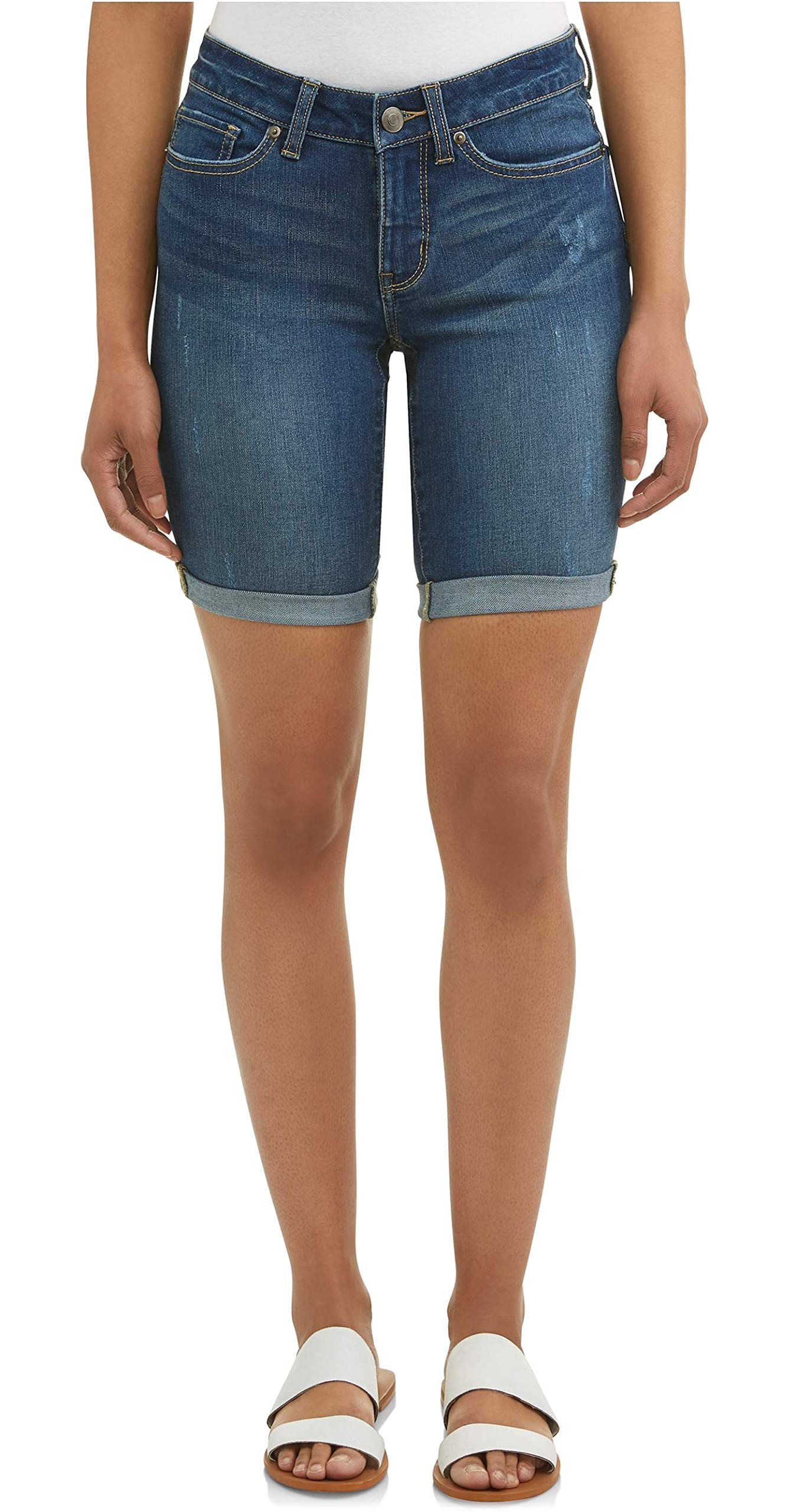 Women's Time & Tru Rolled Cuff Denim Bermuda Shorts - Dark Wash Size 6 | High Waist Casual Summer Shorts for Women | Perfect for Beach, Shopping & Everyday Wear